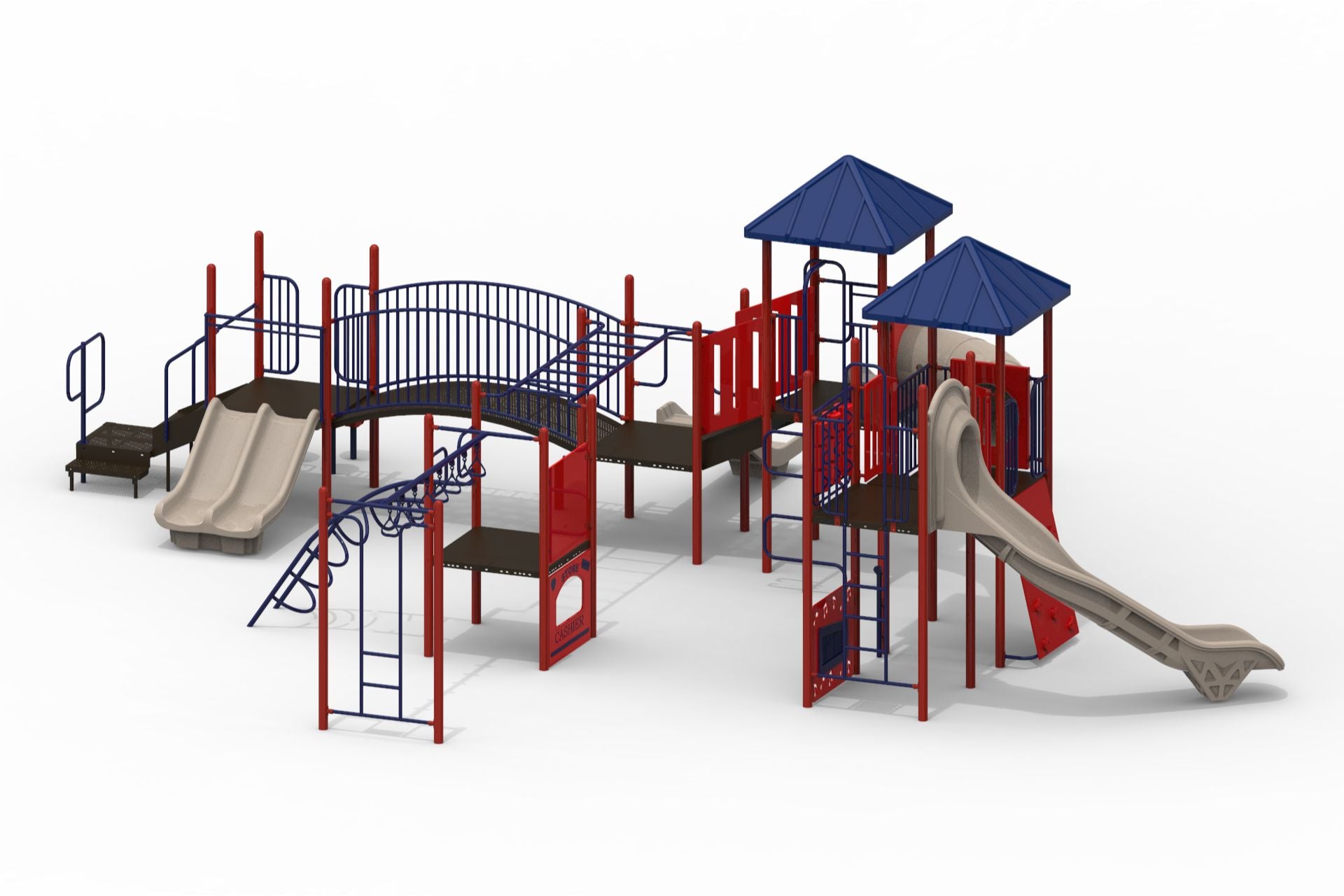 Outdoor playground with red and blue metal framework, multiple slides, climbing structures, and covered platforms