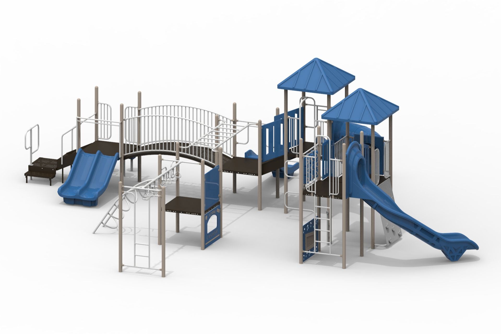 Outdoor playground with multiple blue slides, six decks, climbing structures, and connecting bridges in a large play system