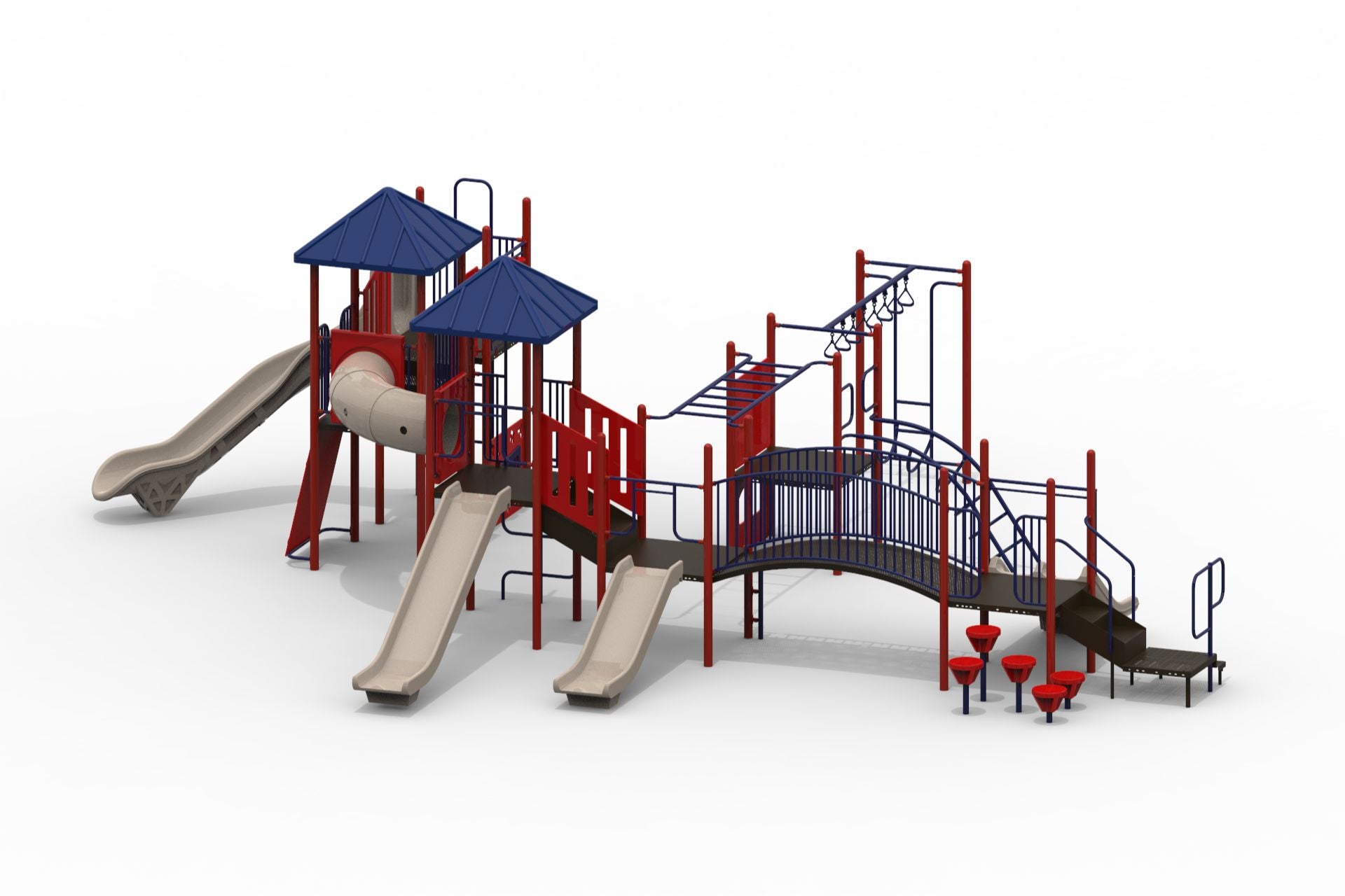 Outdoor playground with beige slides, red and blue climbing structures, multiple decks, and monkey bars.
