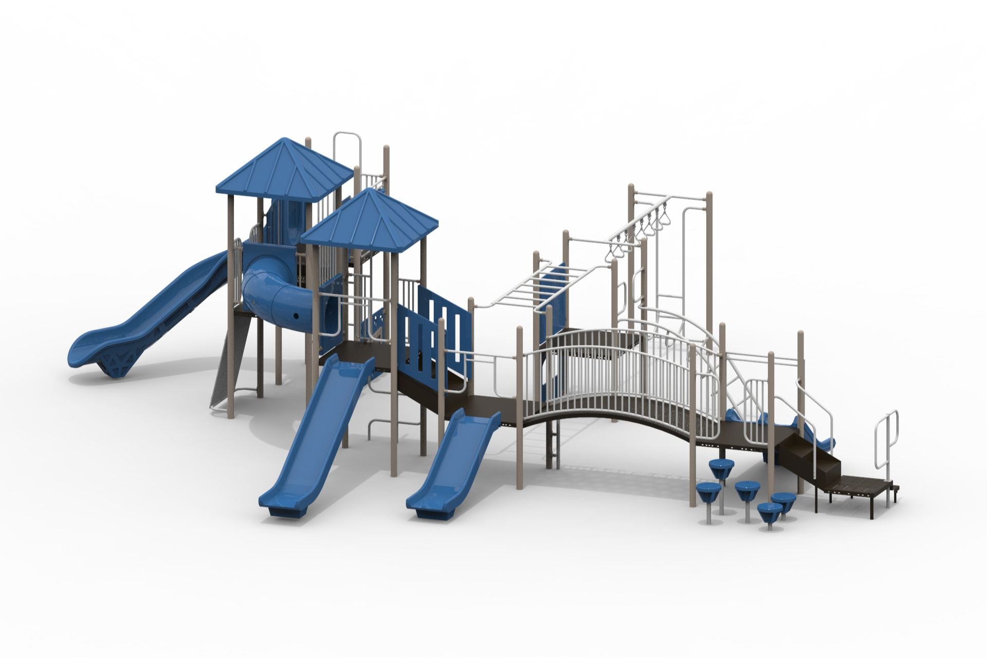 Outdoor playground with multiple blue slides, climbing structures, monkey bars, and a curved bridge on a large play system.