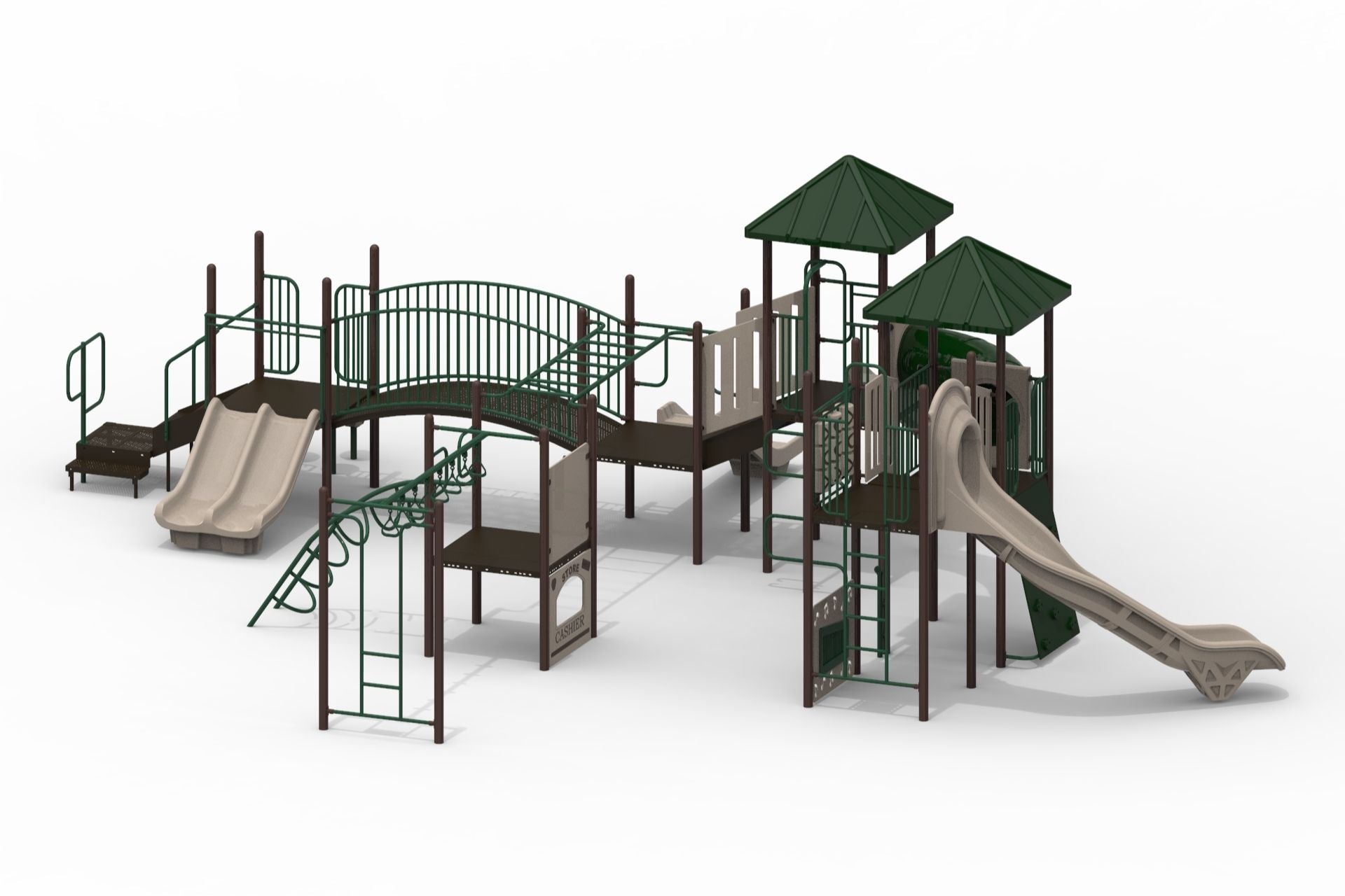 Outdoor playground with multiple slides, climbing structures, bridges, and covered platforms in green and beige tones.