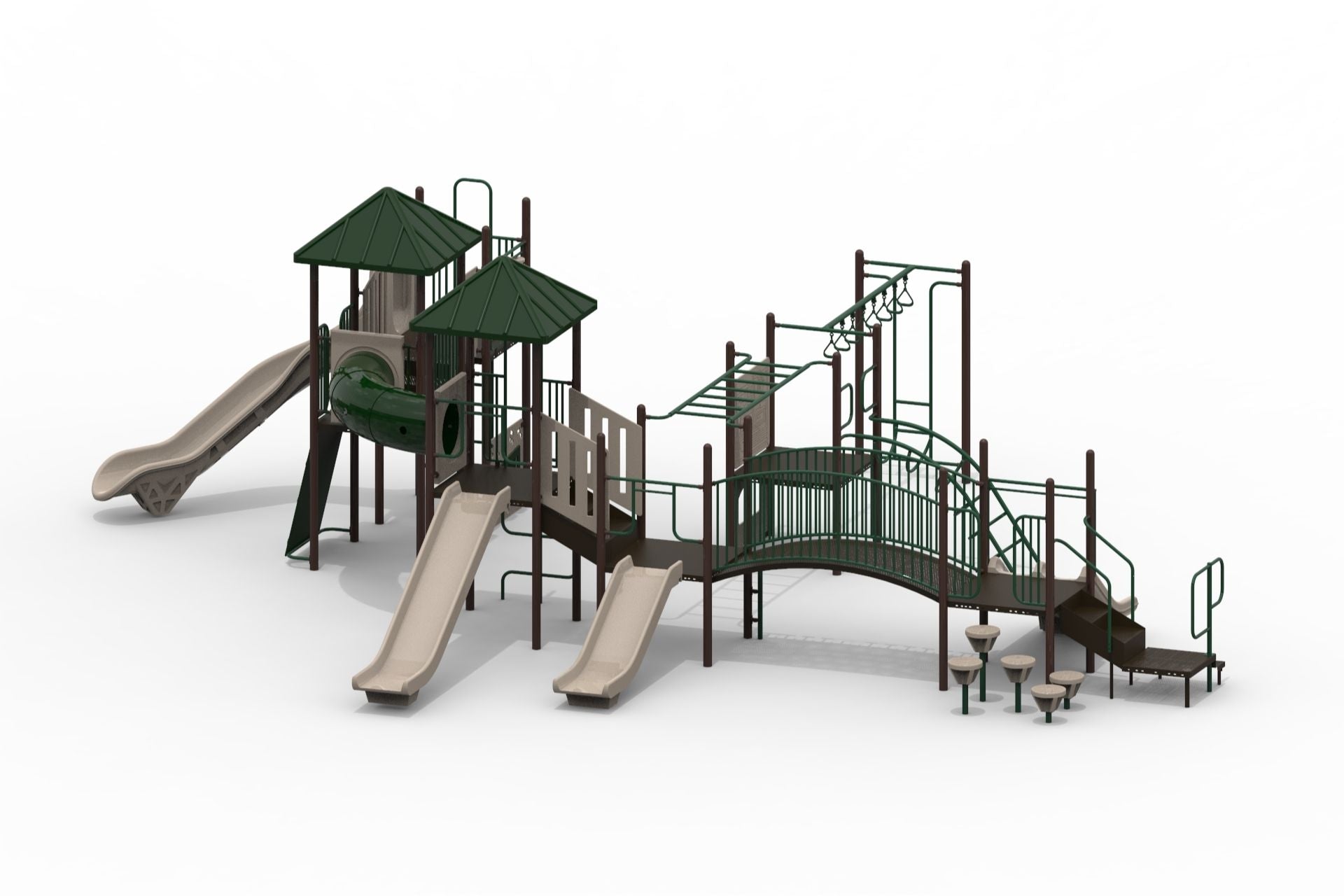 Big Bend Deluxe WillyGoat Playground with natural tones, multiple slides, decks, climbing structures, and bridges
