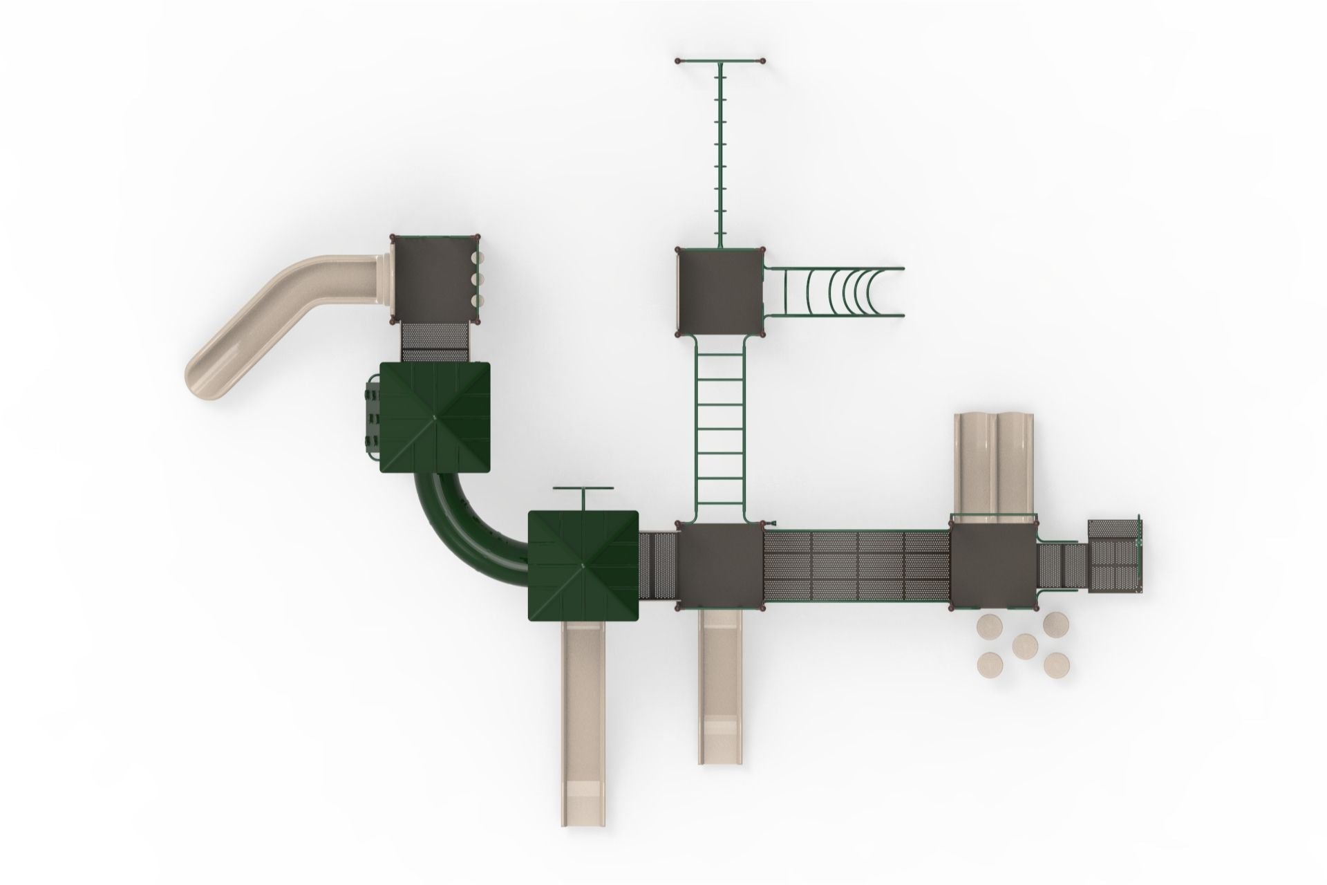 Overhead view of a large playground with multiple beige slides, green roofs, climbing ladders, and interconnected decks