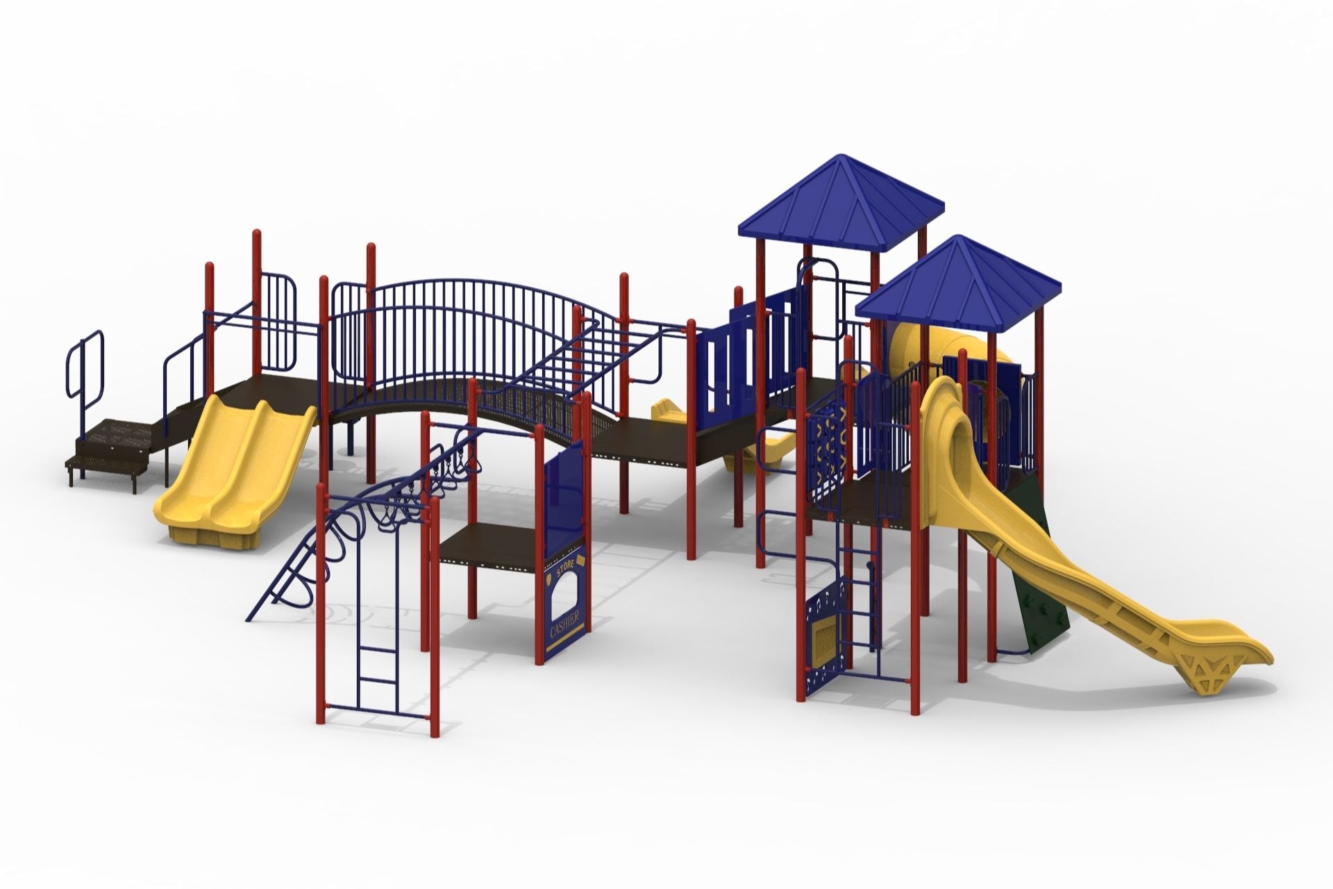 Outdoor playground structure with multiple yellow slides, blue roofs, red posts, climbing elements, and connected decks