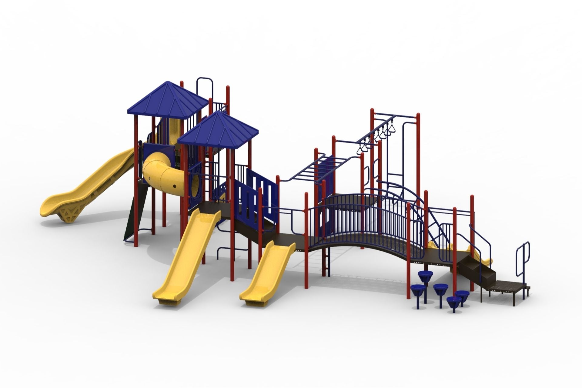 Colorful playground with multiple yellow slides, blue roofs, climbing structures, and a curved bridge