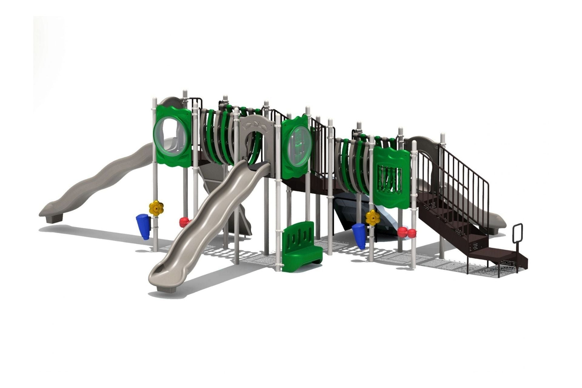 Big Sky Playground with three straight slides, green panels, climbers, and elevated platforms in a spacious layout