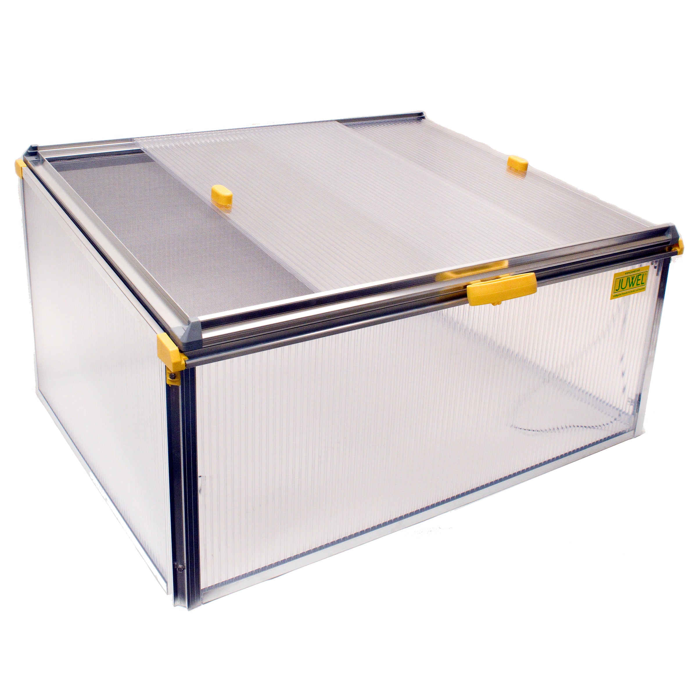 BioStar 1000 Premium Cold-Frame Mini Greenhouse with clear twin-wall polycarbonate panels and yellow latch handles