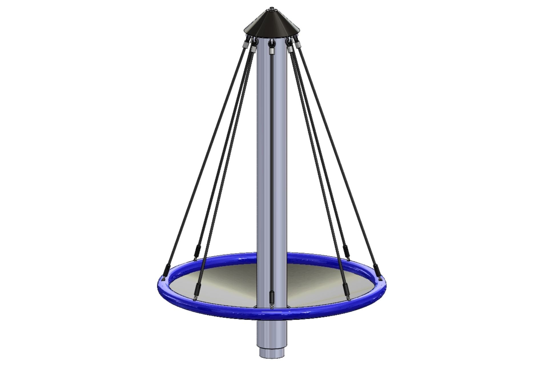 Bird's Nest Carousel Mini playground climbing equipment with blue circular nest suspended by black ropes from central metal pole