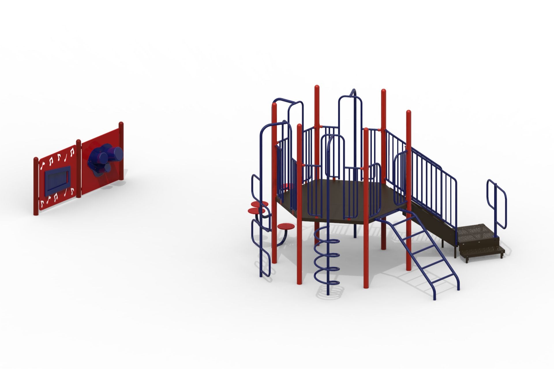 Playground climber with red and blue metal frame, hexagonal platform, spiral and corkscrew climbers, ramp, and interactive panels