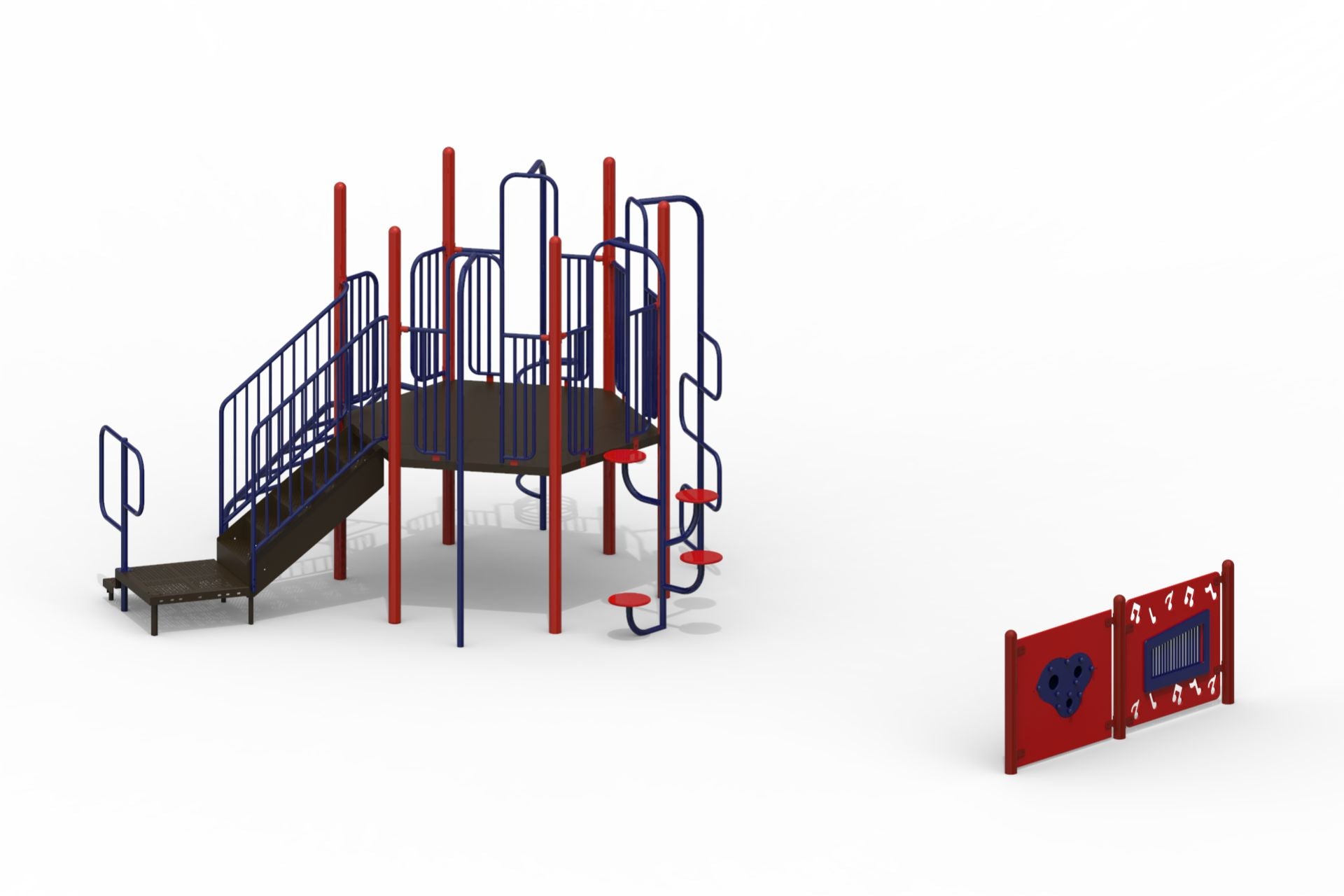 Hexagonal playground deck with red and blue climbing structures, spiral steps, and interactive spinner and gear panels.