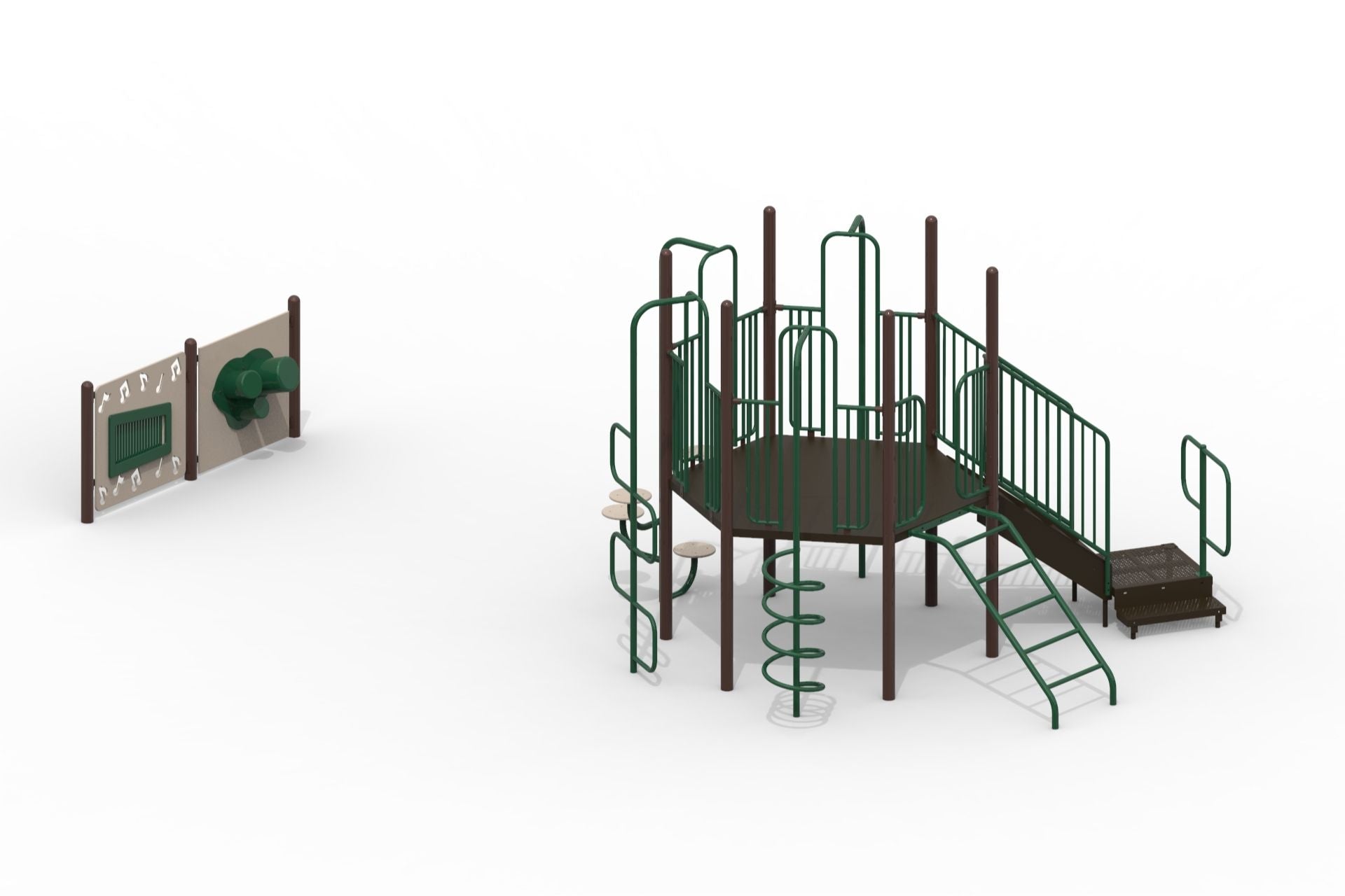 Hexagonal playground climber with green metal railings, multiple climbing structures, and interactive spinner and gear panels.