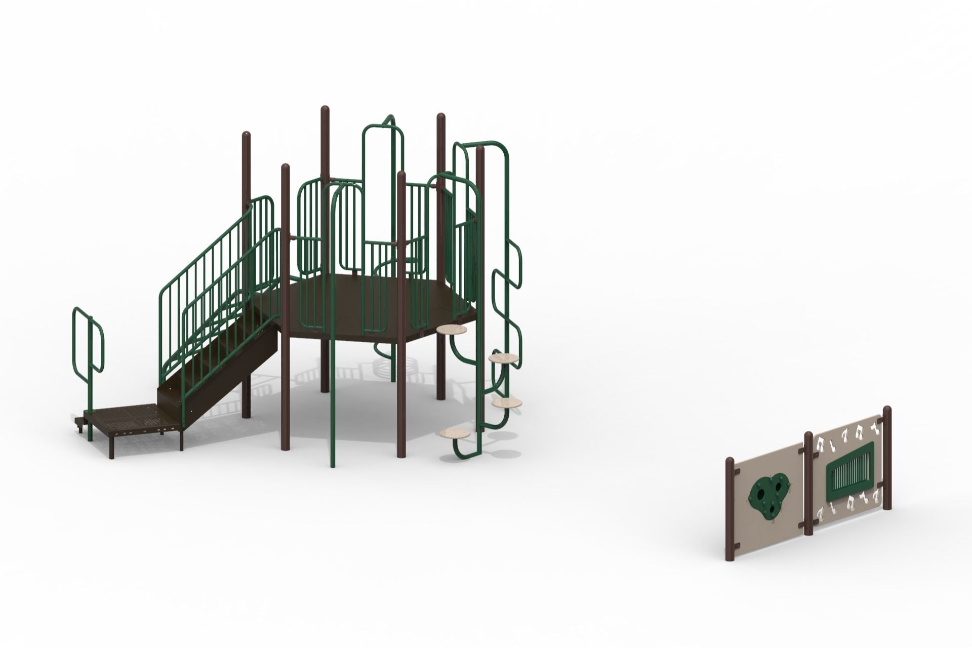 Biscayne WillyGoat Playground Climber with natural brown and green climbing structures, hex deck, spinner maze, and gear panels