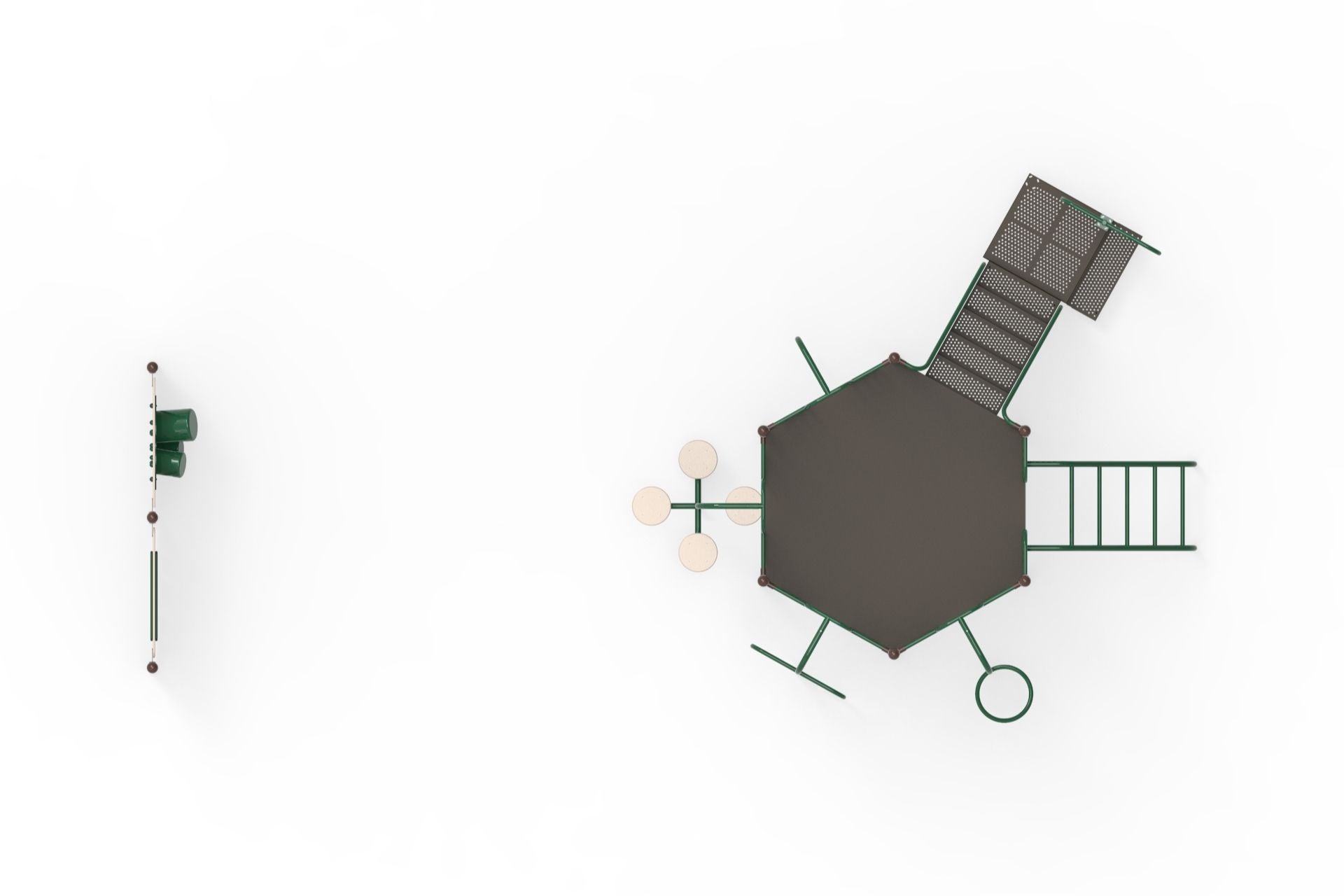 Overhead view of green metal playground climber with hexagonal deck, ladder, climbing bars, and interactive panels
