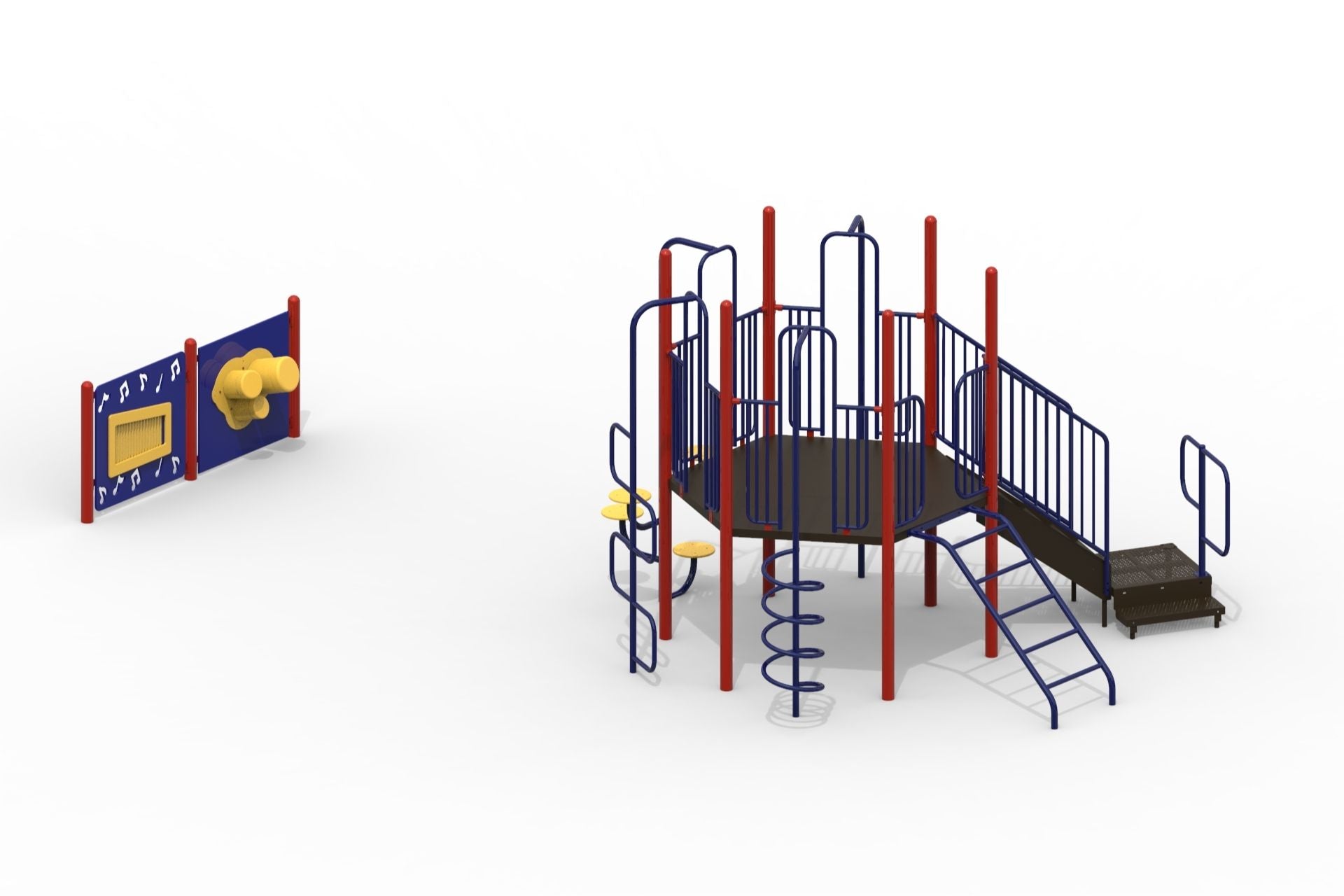 Playground climber with red and blue metal frame, hexagonal platform, spiral and U-shaped climbers, ramp, and interactive panels.