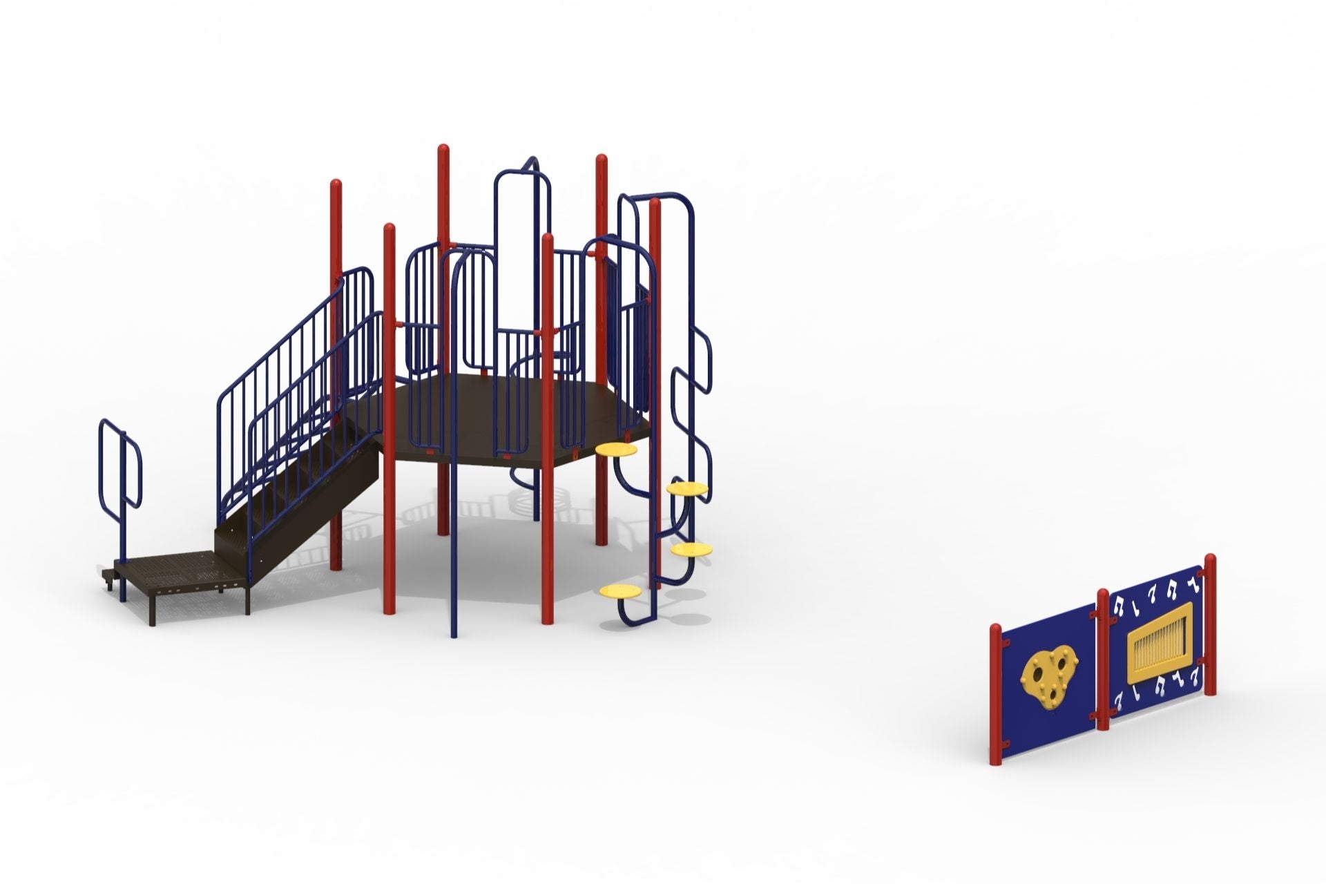 Playground climber with red posts, blue railings, hexagonal deck, spiral steps, and interactive blue and yellow activity panels.