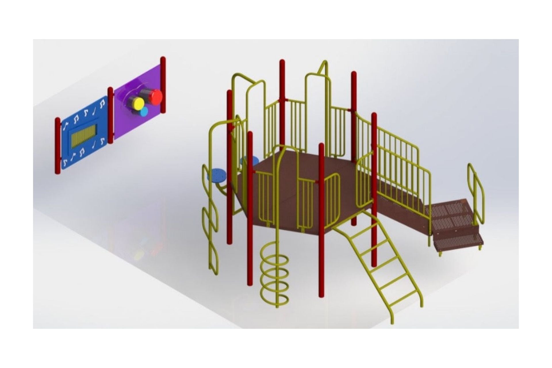 Colorful playground climber with hexagonal deck, spiral and arch climbers, firepole, ramp, and interactive spinner and gear panels