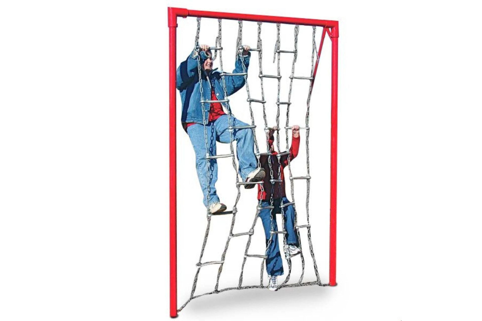 Boarding Net Challenge Climber with red frame and rope ladder, two people climbing outdoors for fitness and coordination
