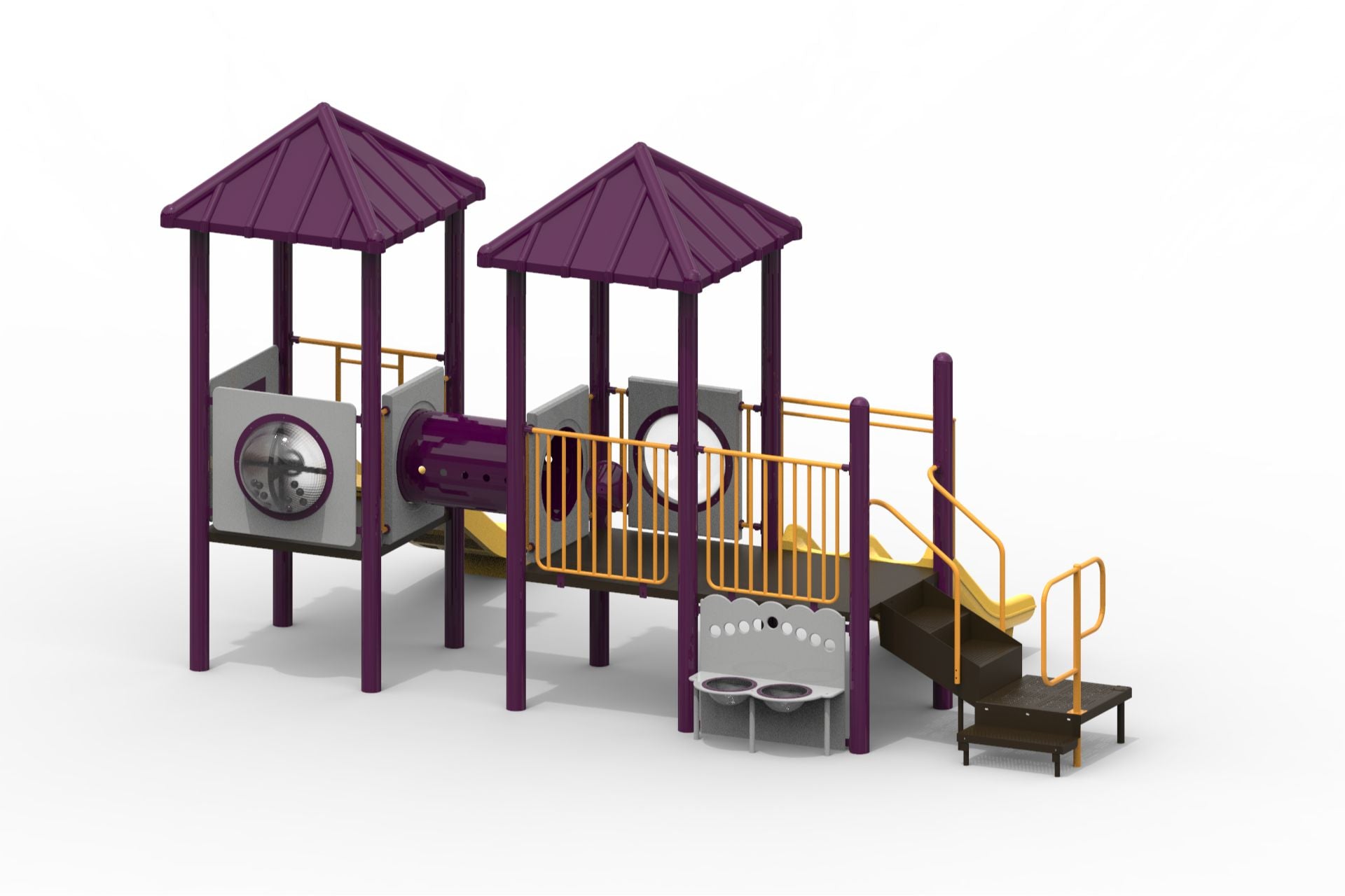 Purple and yellow modular playground with two peaked roofs, slides, crawl tunnel, and activity panels including bubble window and ball turn panel
