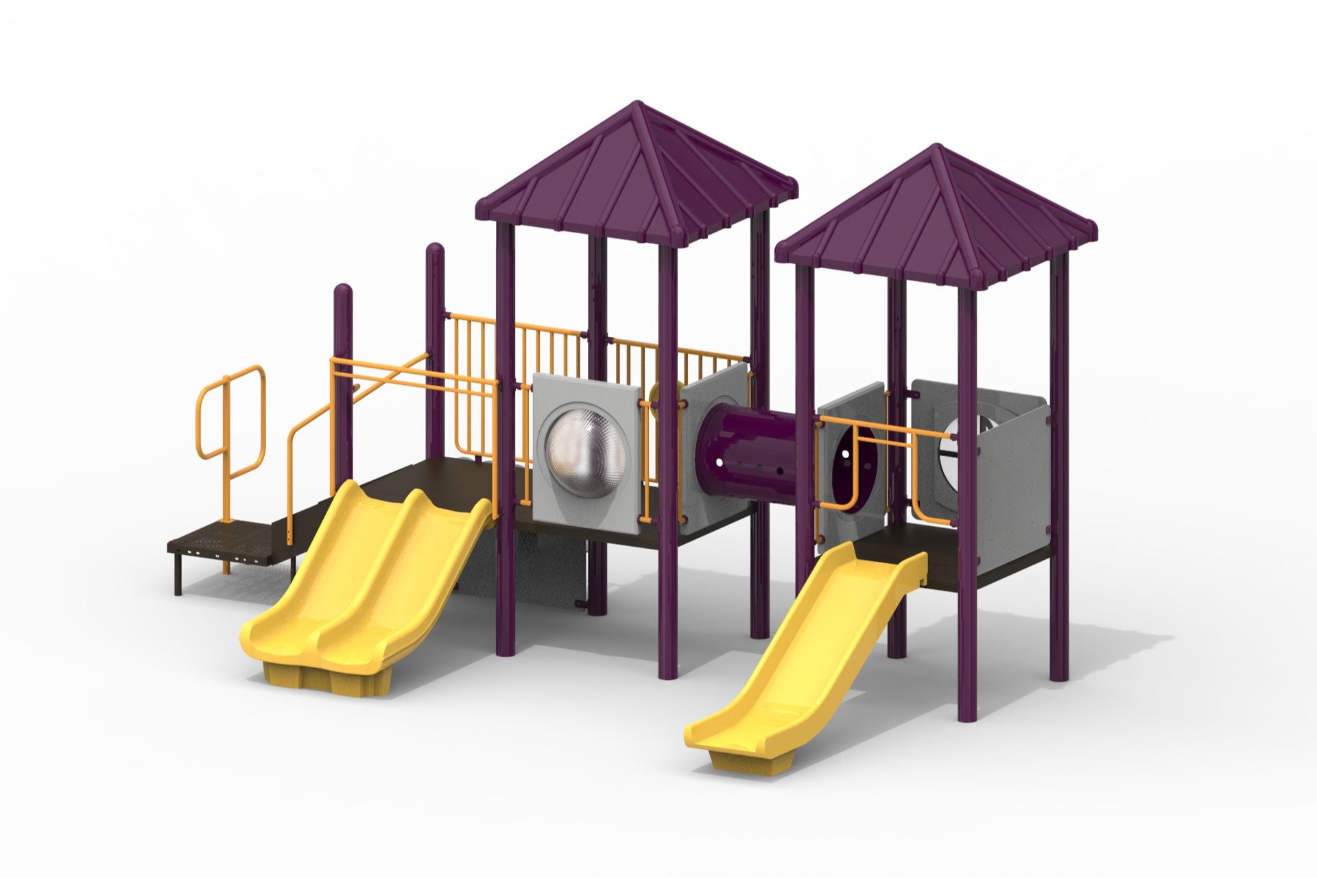 Modular playground with dual yellow slides, purple uprights, climbing tunnel, and interactive activity panels including bubble window and ball turn panel