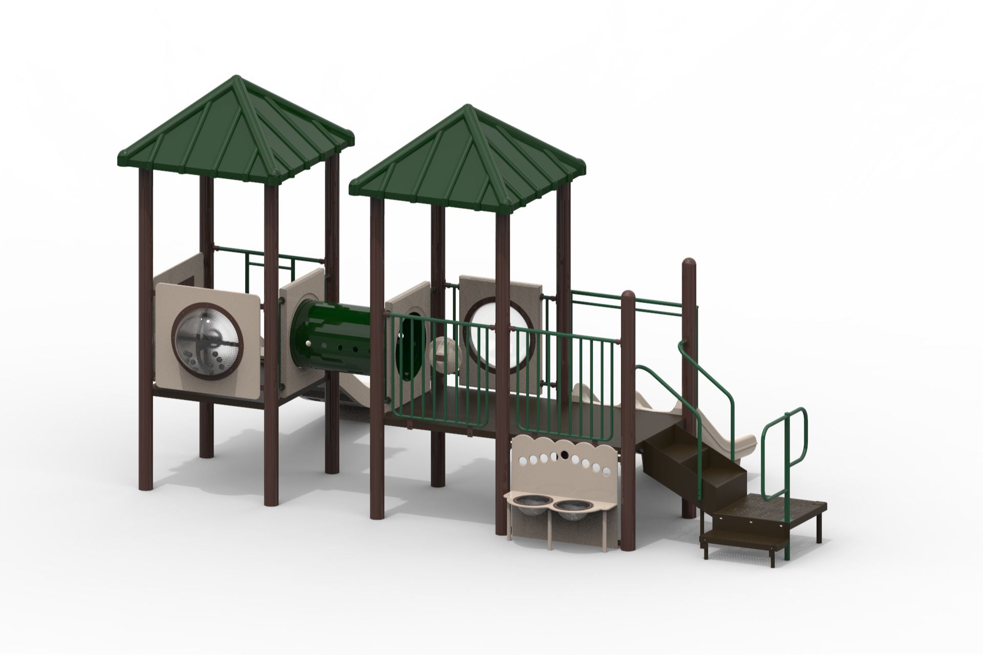 Outdoor modular playground with green roofs, triple rail and straight slides, crawl tunnel, activity panels, and sand and water table