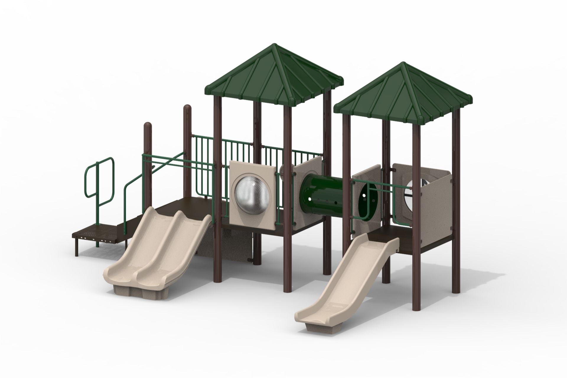 Bobbie Modular Playground with green roofs, tan slides, crawl tunnel, bubble window, and two roofed towers