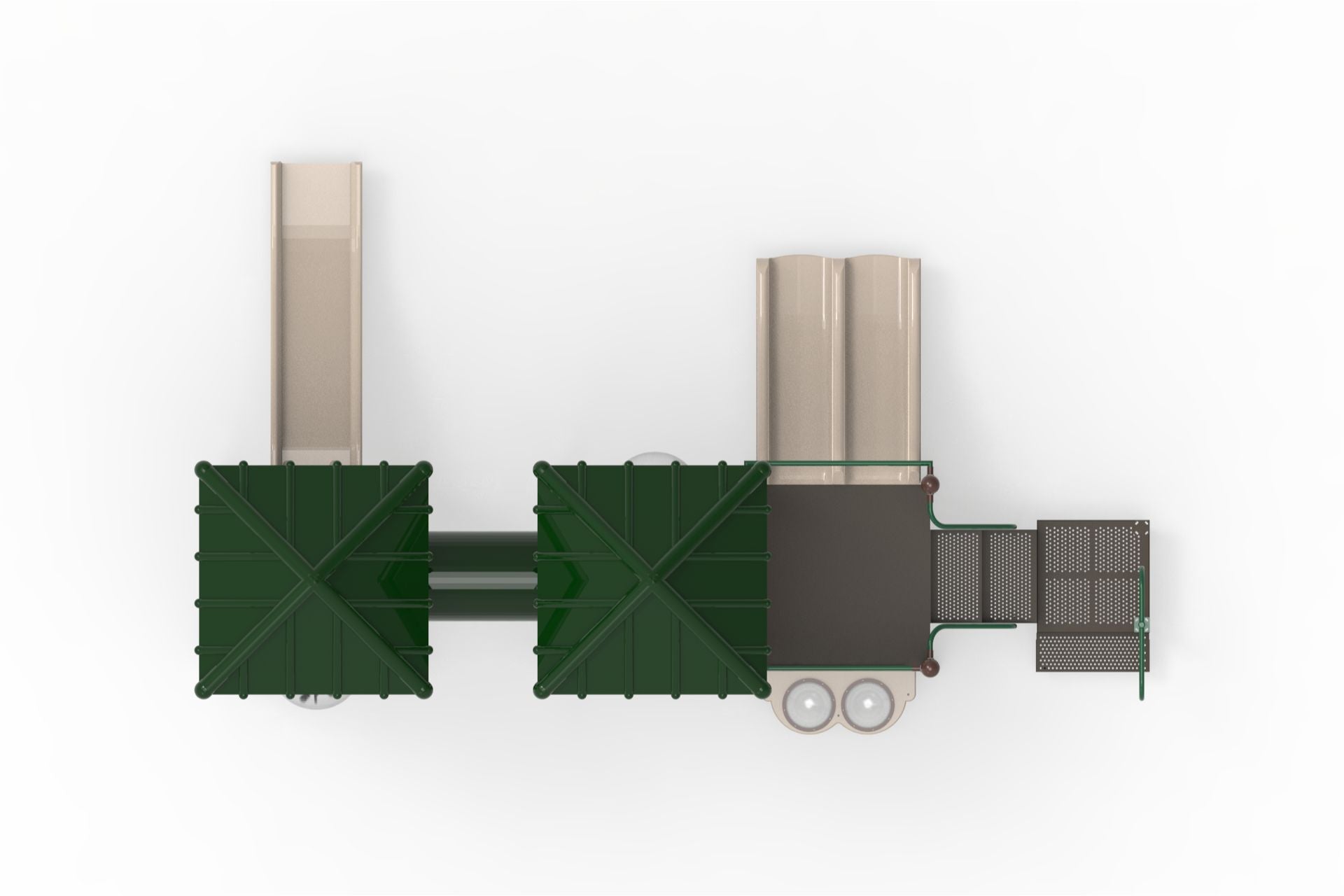 Overhead view of modular playground with two green roofed towers, triple rail slide, straight slide, crawl tunnel, and activity panels including bubble window and ball turn panel