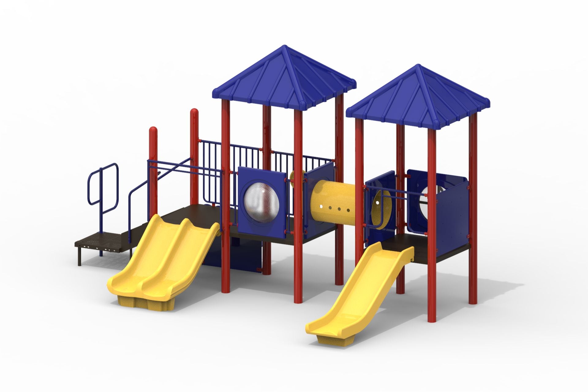 Modular playground with red uprights, blue roofs, yellow slides, crawl tunnel, activity panels including bubble window and ball turn panel