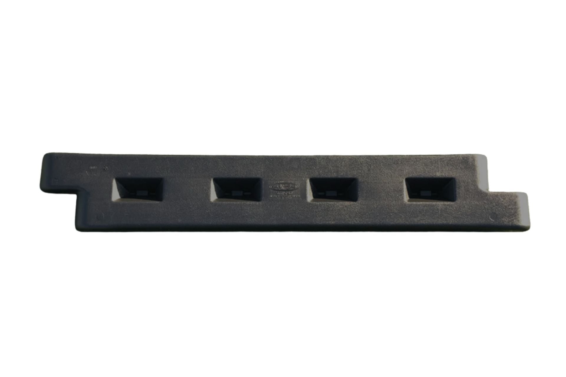 Black plastic playground border with four rectangular slots and a spike attachment, angled side view