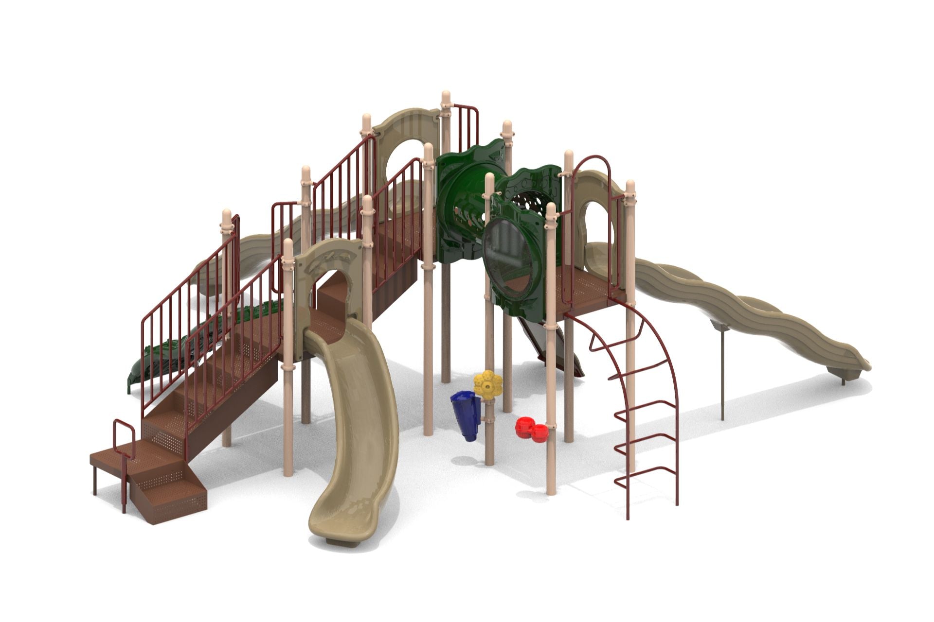 Playground structure with two wave slides, vertical ladder, pod climber, and sensory play elements in earth tones