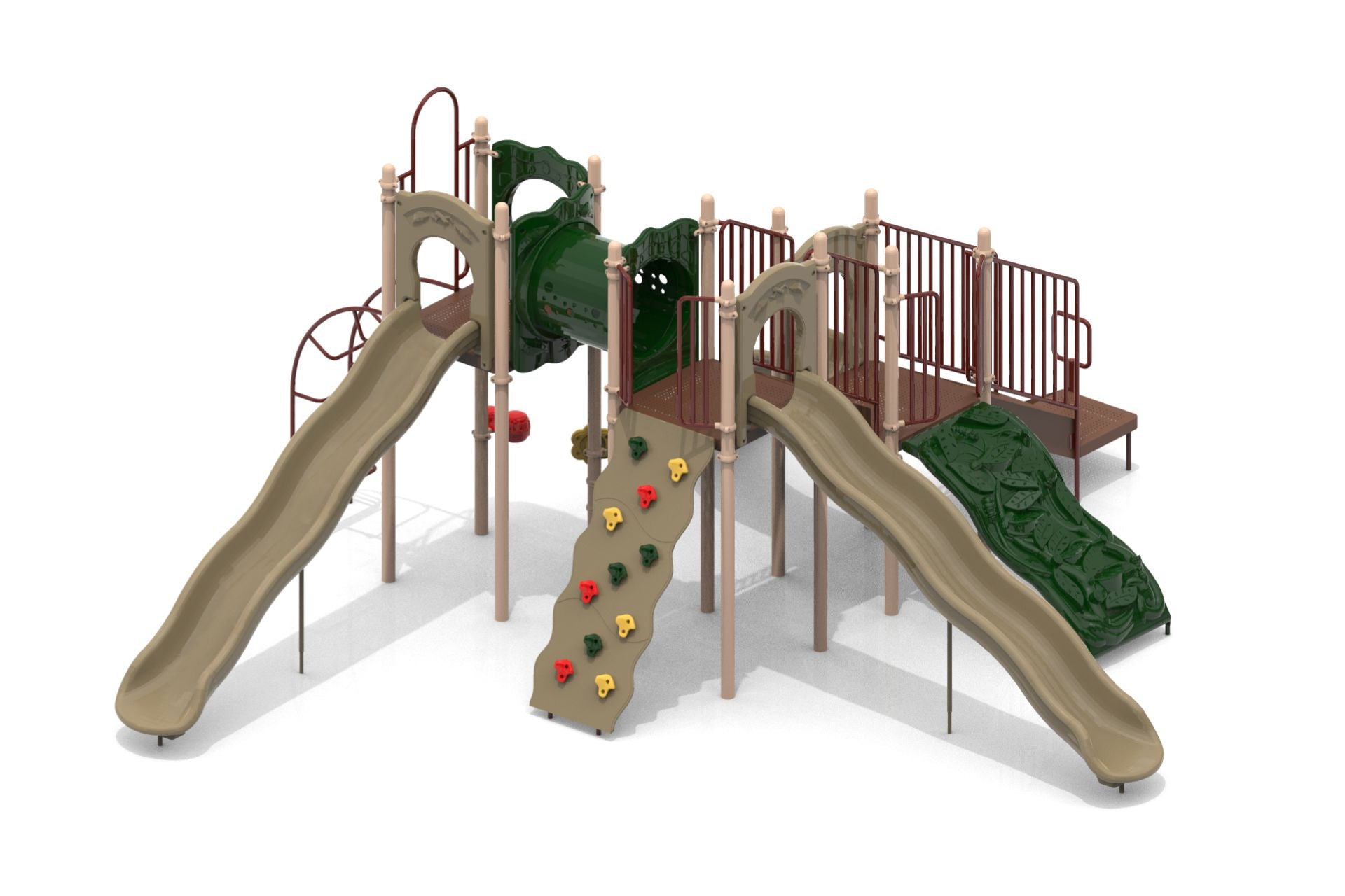 Boulder Point Play System Playground with dual wave slides, climbing wall, tube tunnel, and molded rock climber in natural tones