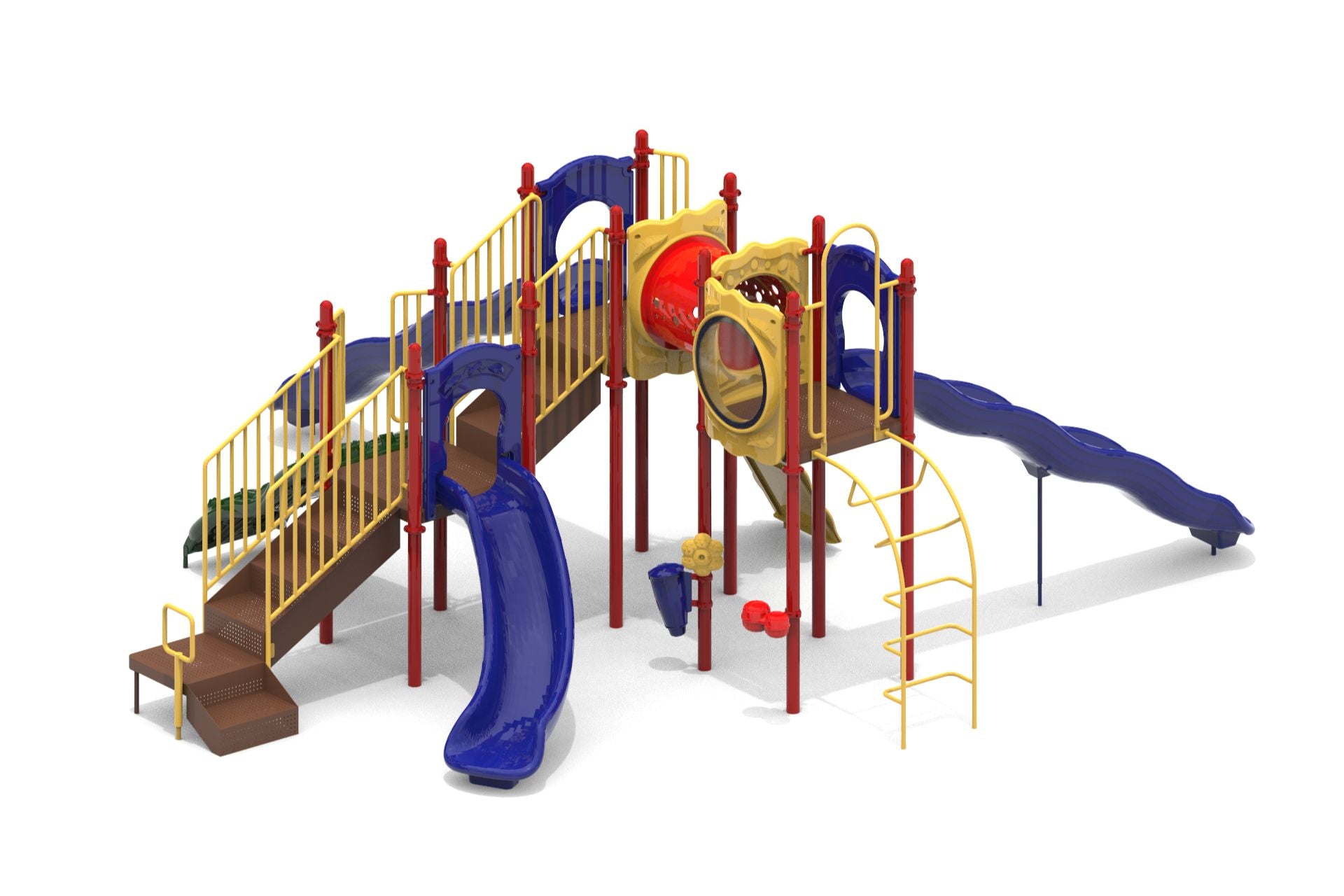Colorful playground with two wave slides, vertical ladder, pod climber, interactive drum, and rain wheel for sensory play.
