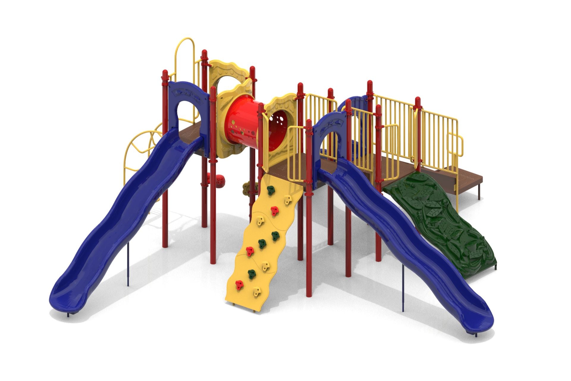 Colorful playground structure with two blue wave slides, climbing wall, tunnel, and sensory play panels