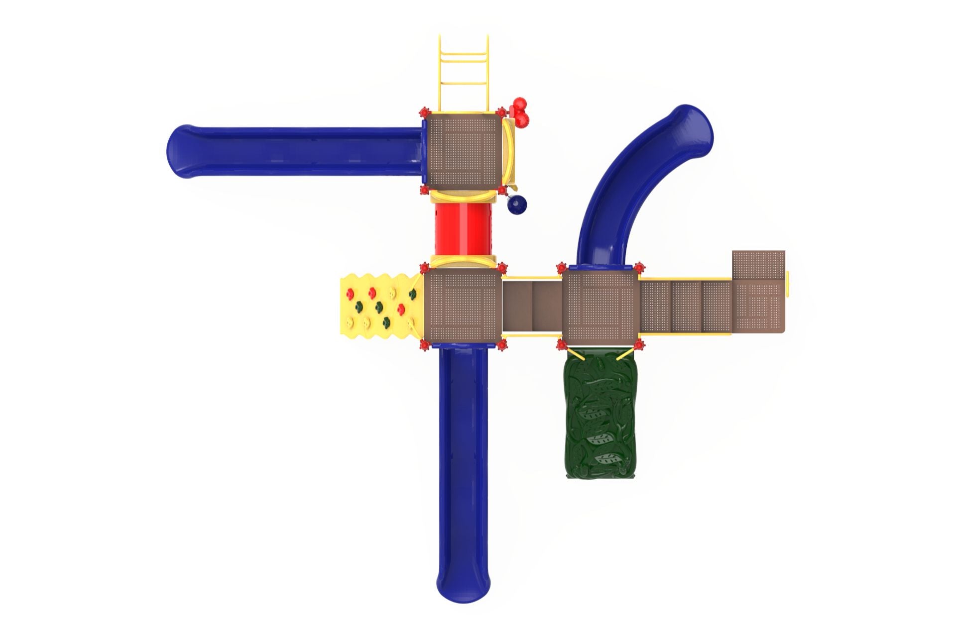 Overhead view of colorful playground with two blue wave slides, climbing wall, vertical ladder, and connected platforms