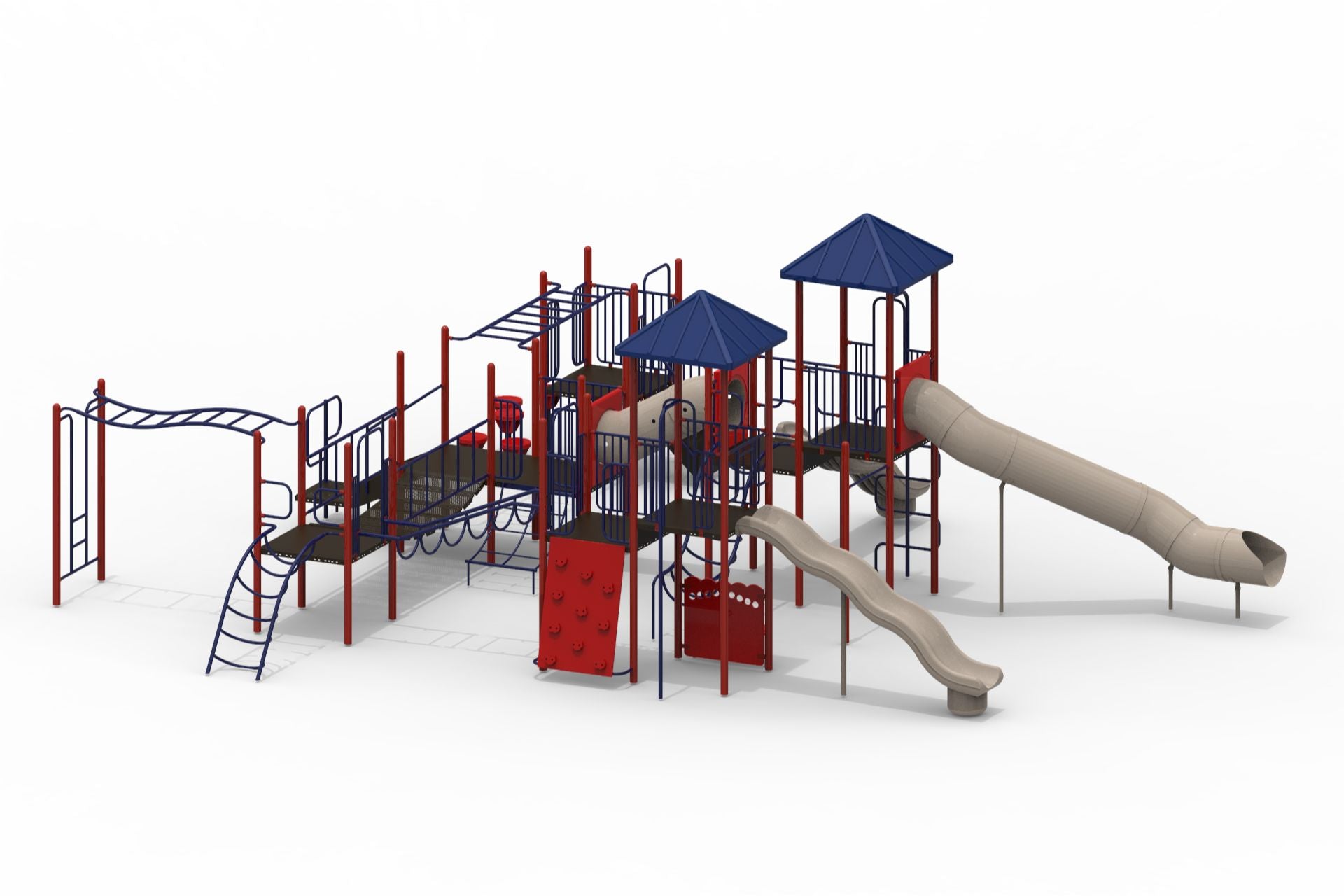 Large outdoor playground structure with red and blue metal framework, two pyramid roofs, multiple slides, climbing walls, bridges, and various play elements