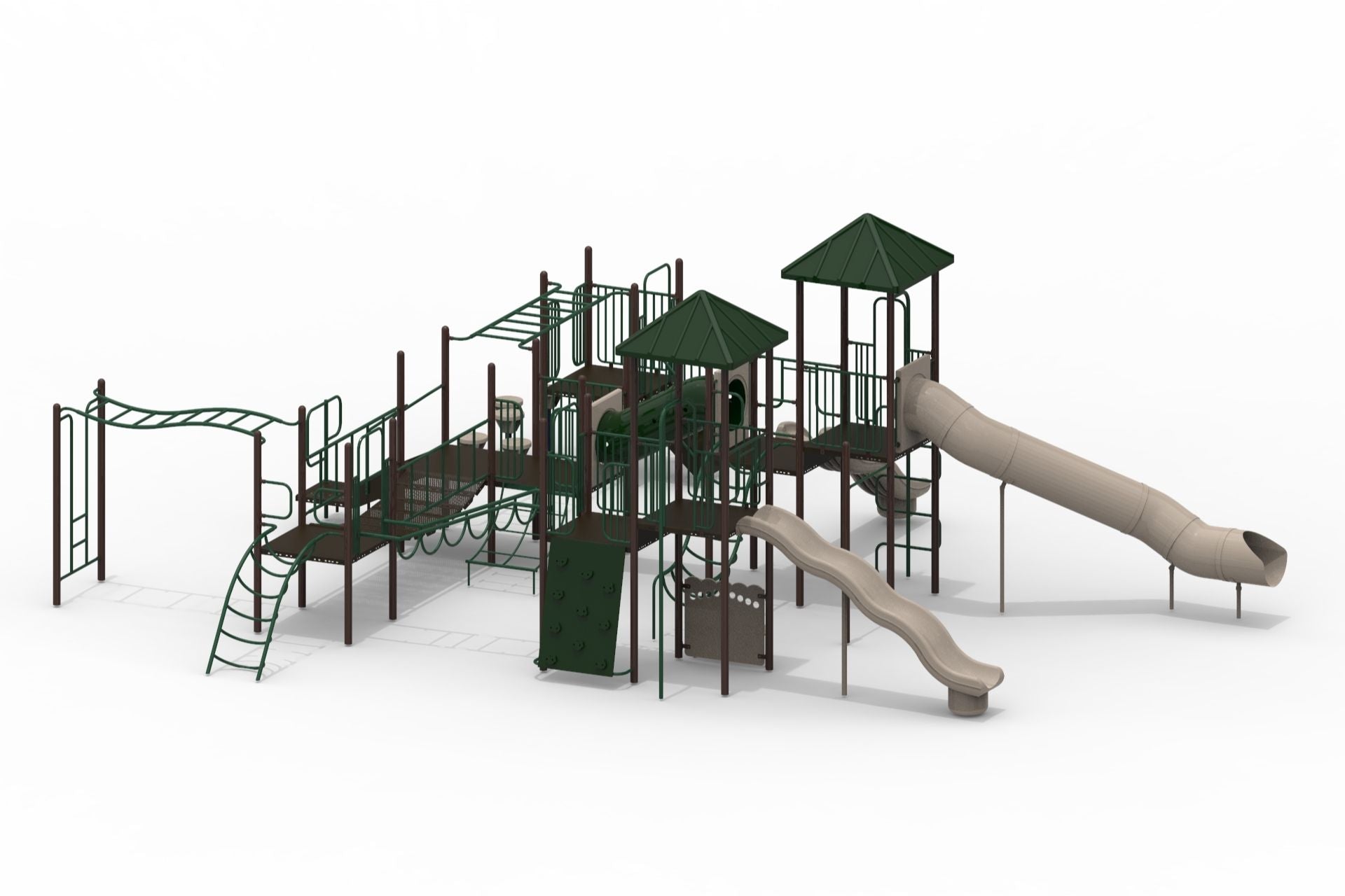 Outdoor playground structure with slides, climbing walls, tunnels, monkey bars, and pyramid roofs in natural tones