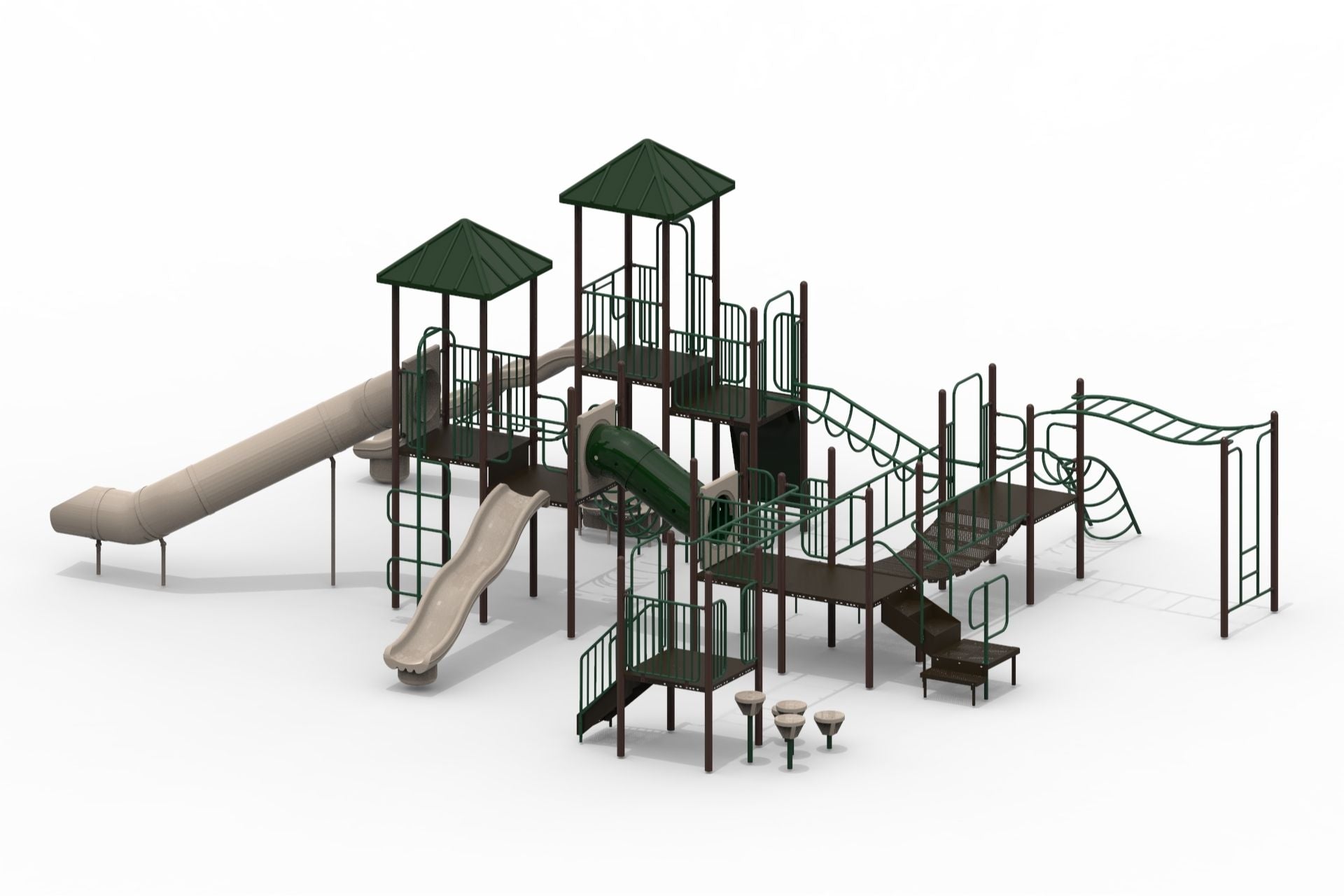 Bryce WillyGoat Playground Climber with green and tan tube and wave slides, bridges, crawl tunnel, monkey bars, and climbing structures