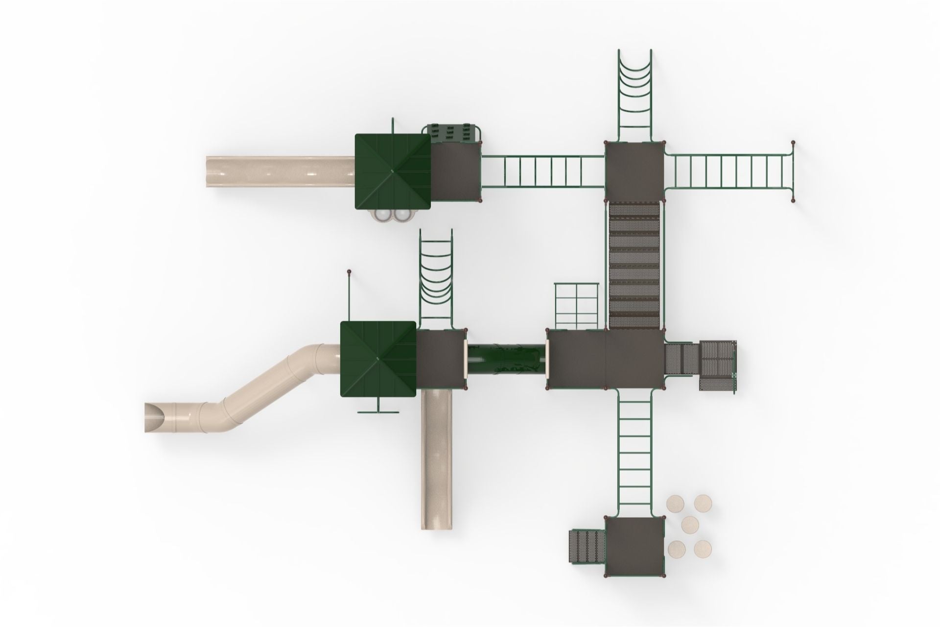 Overhead view of a large playground climber with green roofs, beige slides, multiple ladders, climbing nets, and platforms