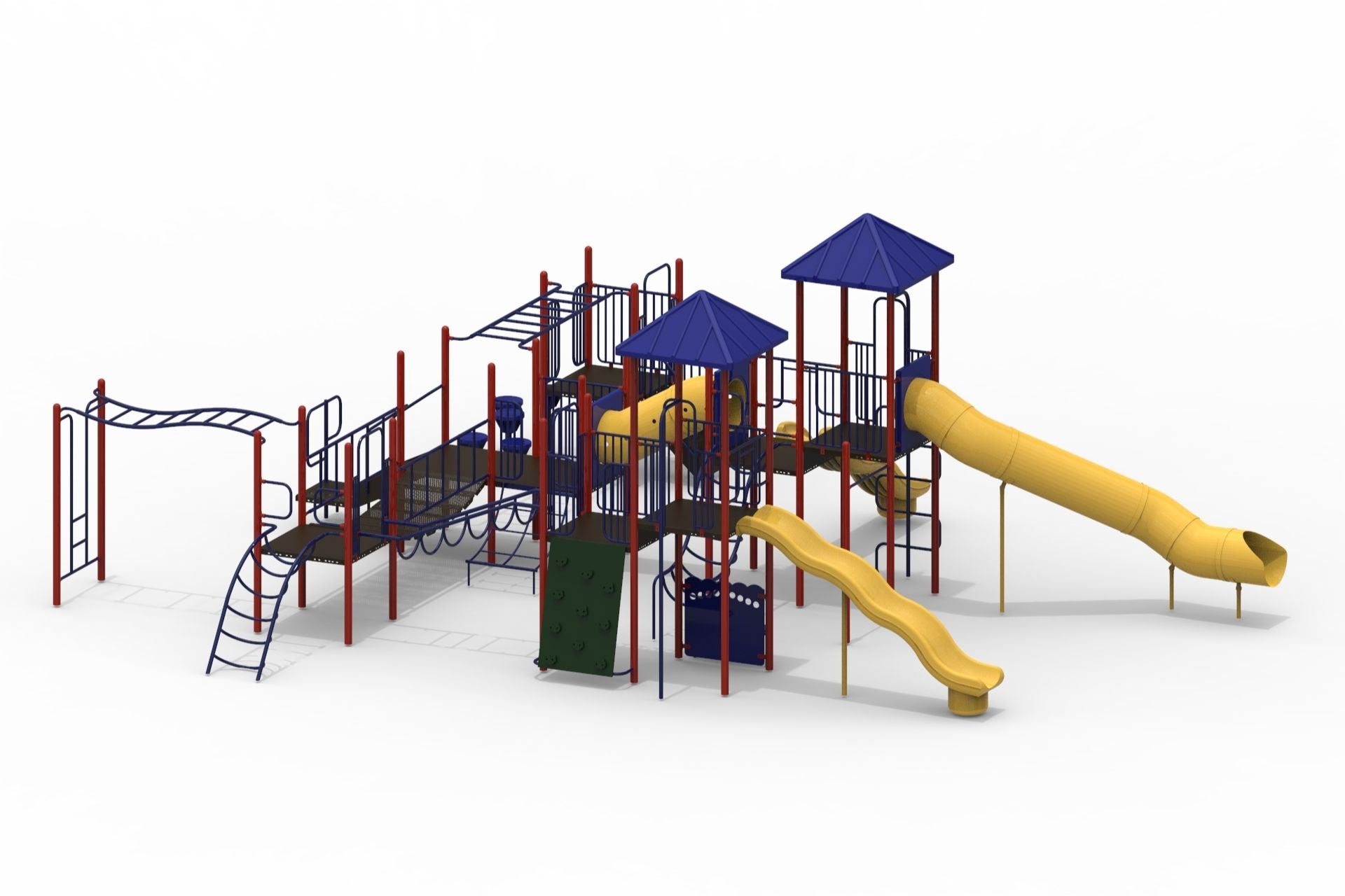Large colorful playground climber with yellow slides, blue roofs, red posts, climbing walls, ladders, bridges, and various play elements