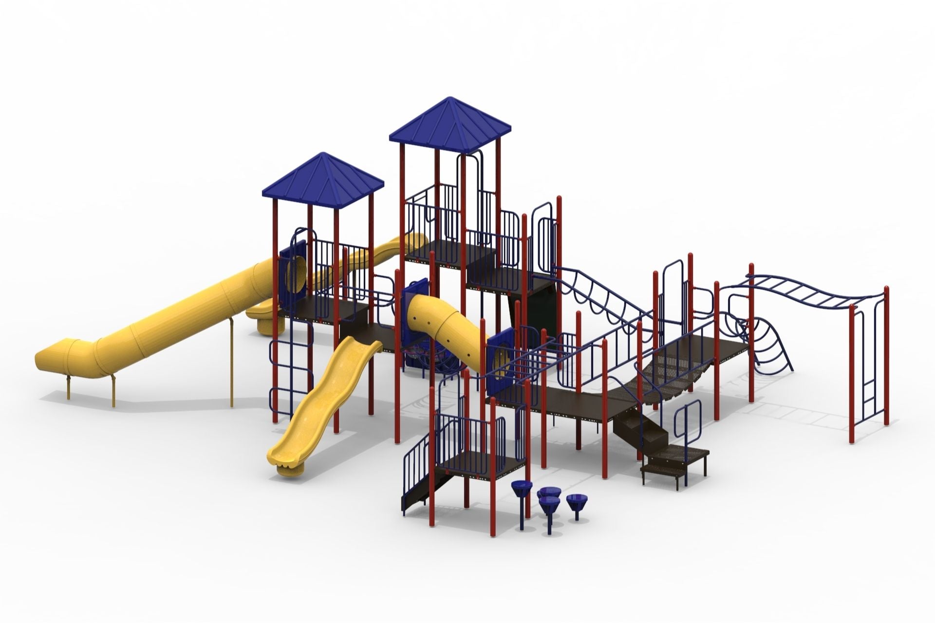 Multi-level playground climber with yellow slides, blue roofs, red posts, climbing structures, bridges, and various play elements