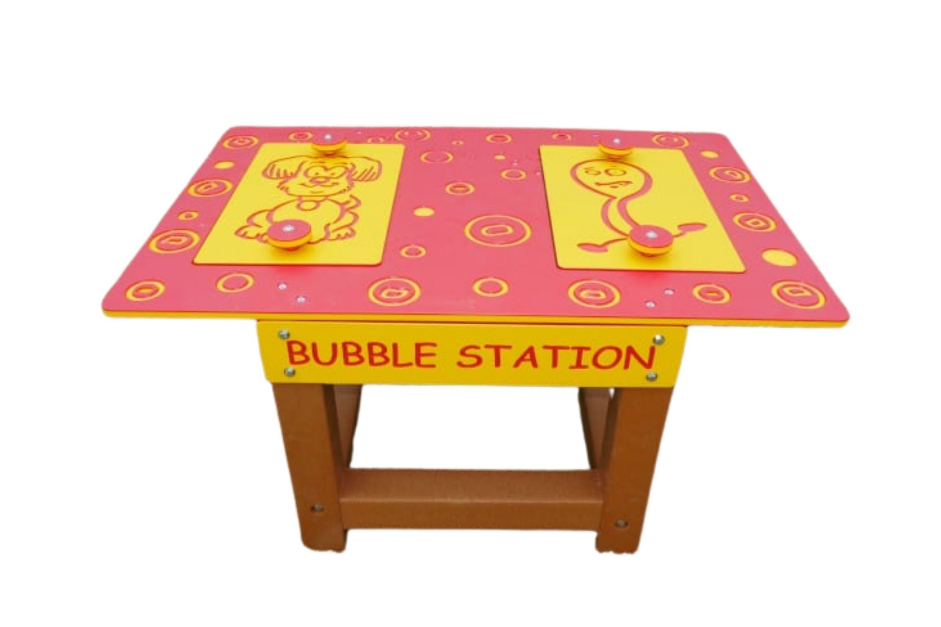Bubble Station outdoor play equipment with red and yellow top, sturdy brown legs, featuring playful dog and character figures for sensory bubble play