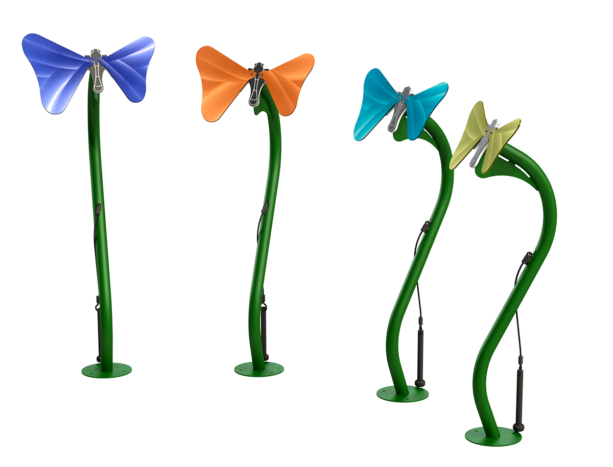 Four colorful outdoor musical butterfly instruments with green curved stems and anodized aluminum wings in blue, orange, teal, and yellow