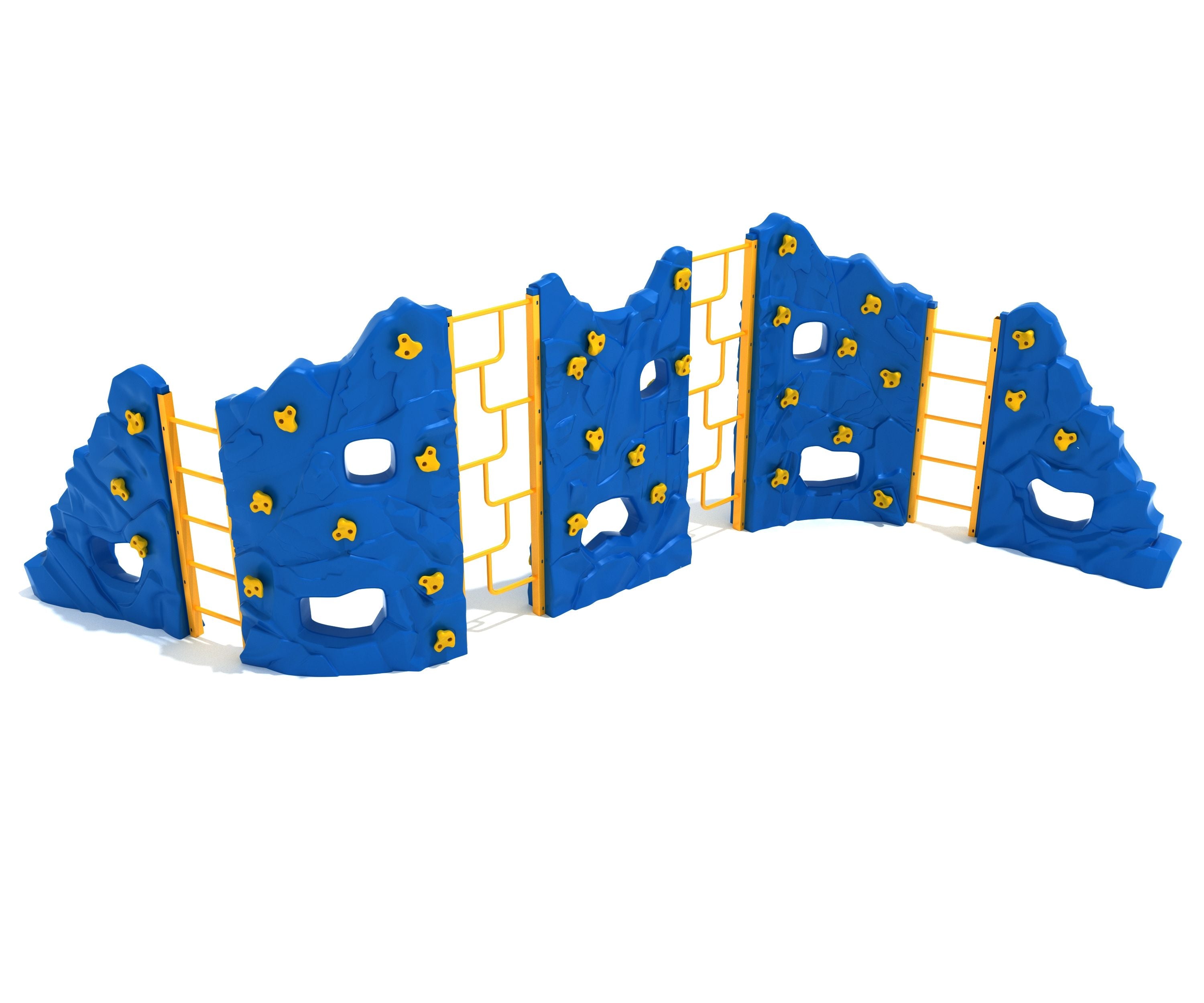 Blue and yellow outdoor climbing structure with five rock walls and ladder-style Geo Ladders for children’s physical play