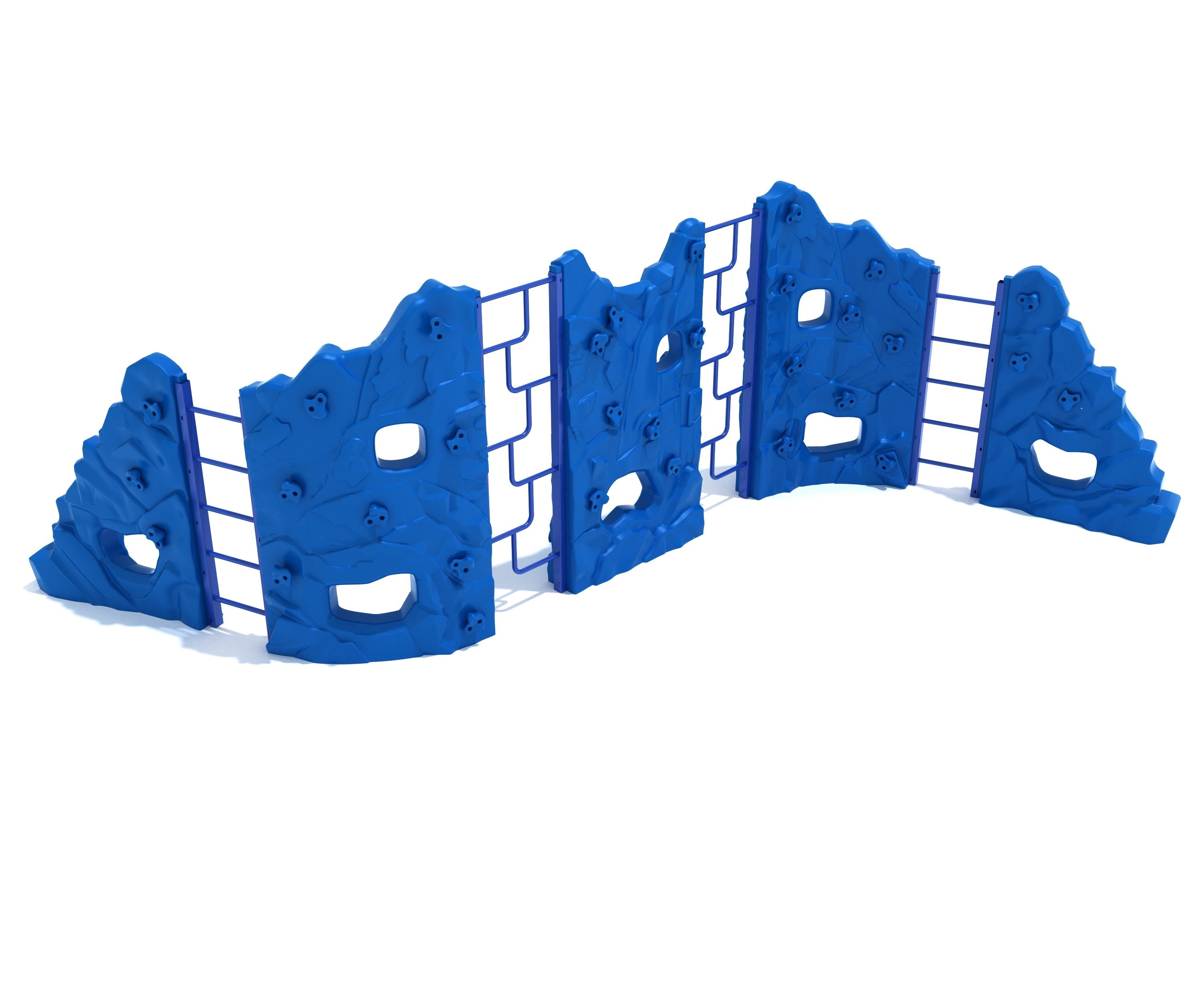 Blue outdoor climbing structure with five rock walls, hand and foot holds, and metal Geo Ladders for children’s play