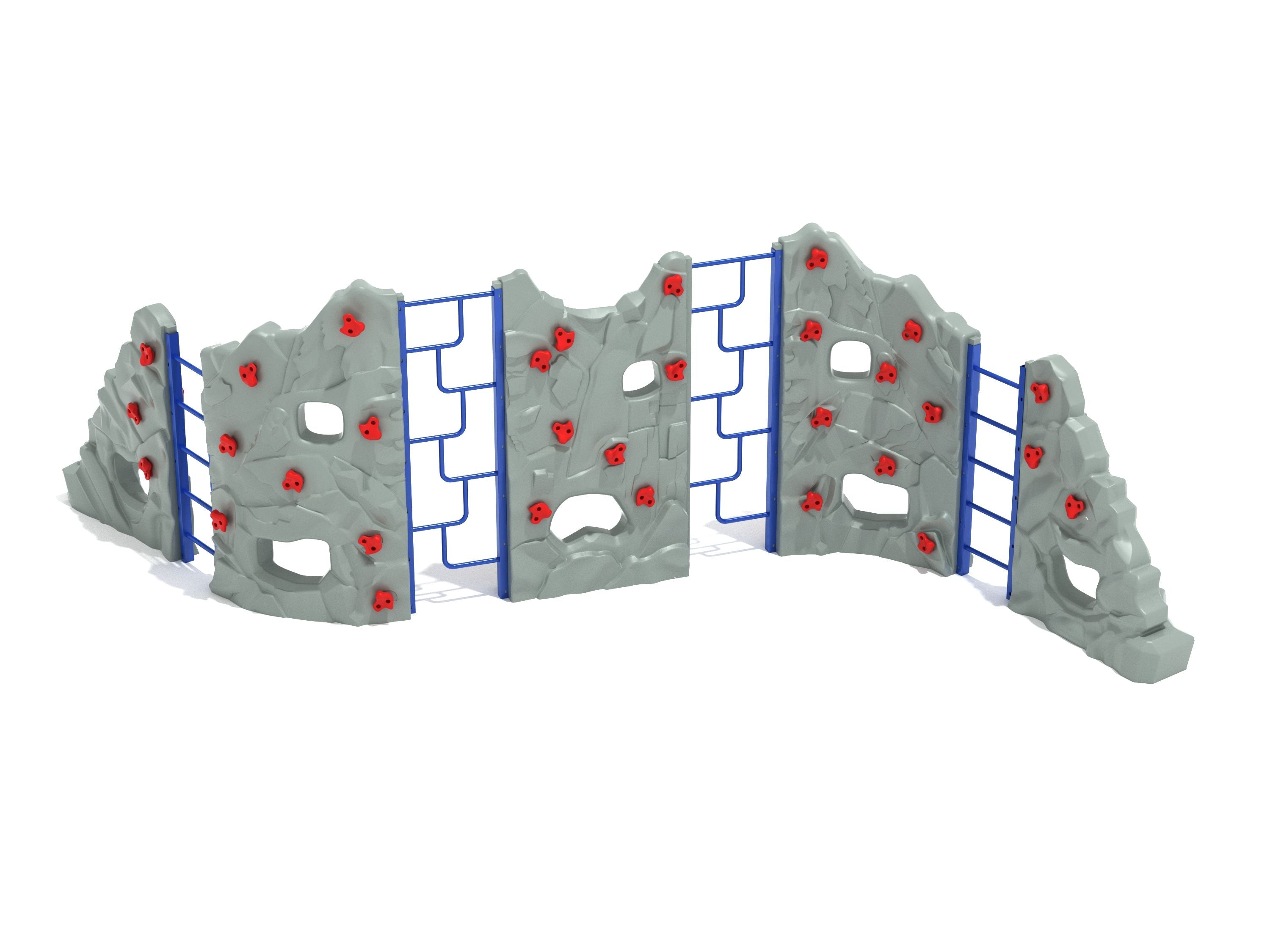 Gray multi-panel outdoor climbing wall with red handholds and blue maze-like ladders for children’s playground climbing.