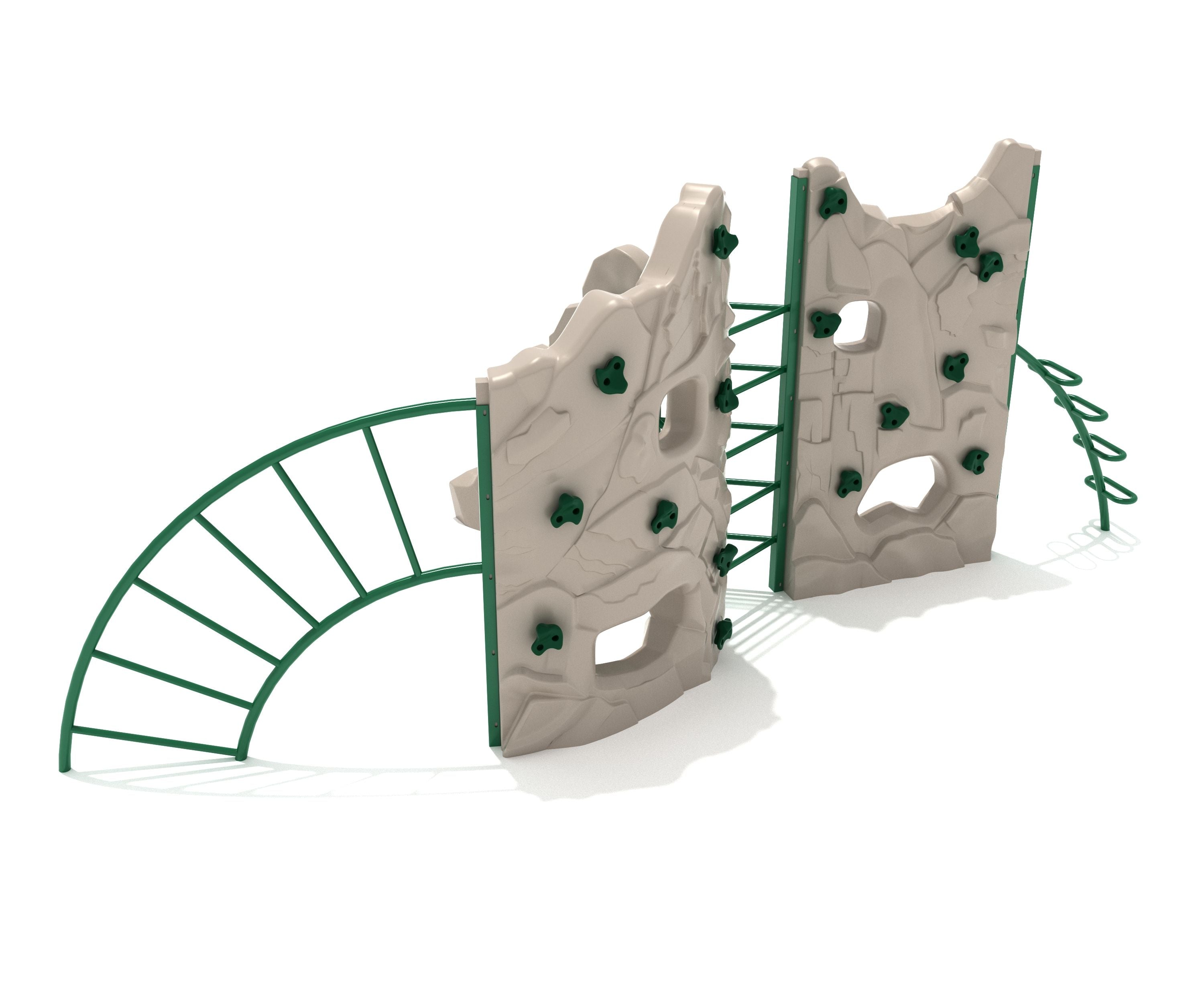 Beige climbing walls with green handholds, metal ladder rungs, and curved green climbing bars on playground equipment