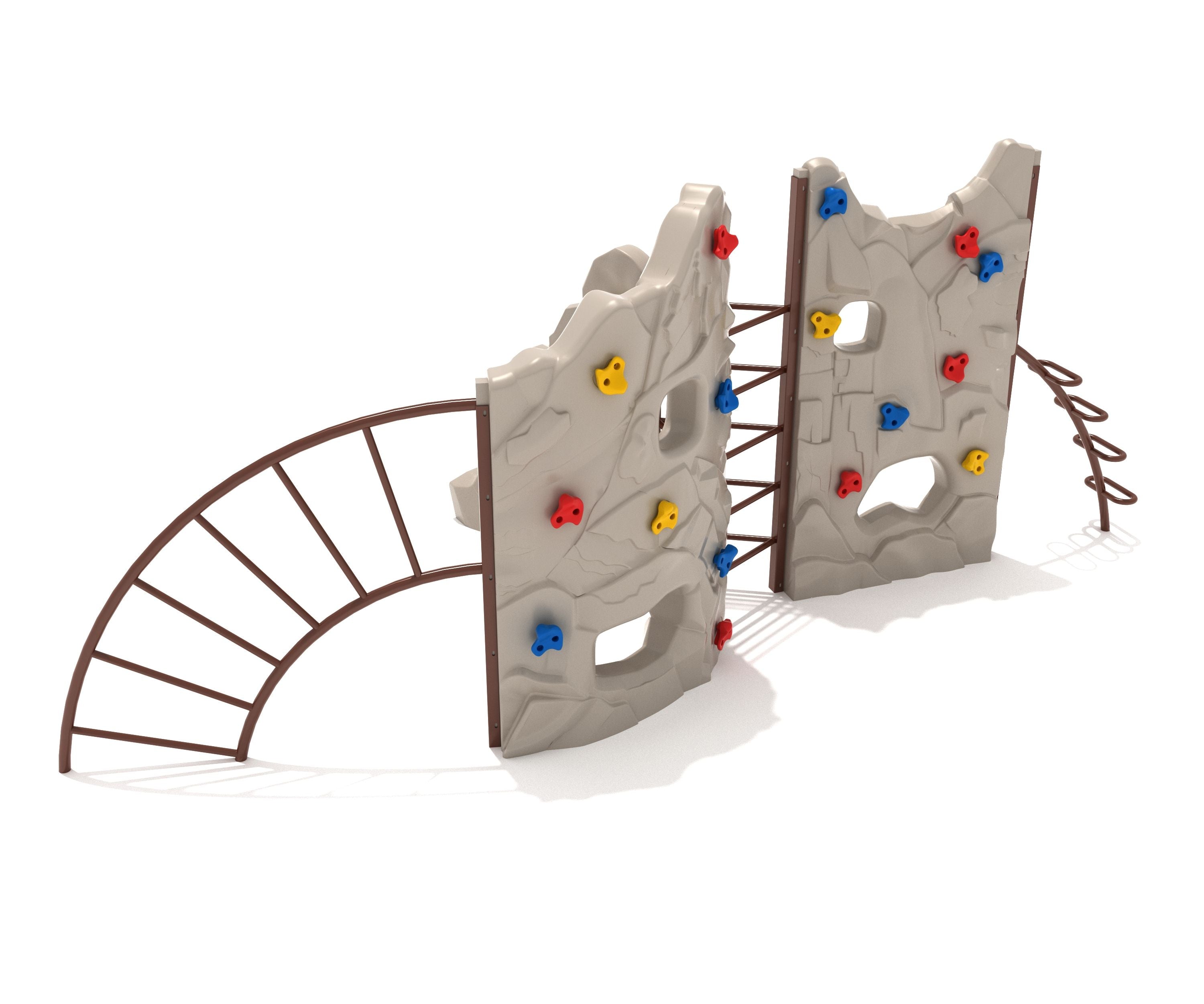 Playground climbing structure with beige rock walls, colorful red, yellow, and blue holds, and brown metal ladders.