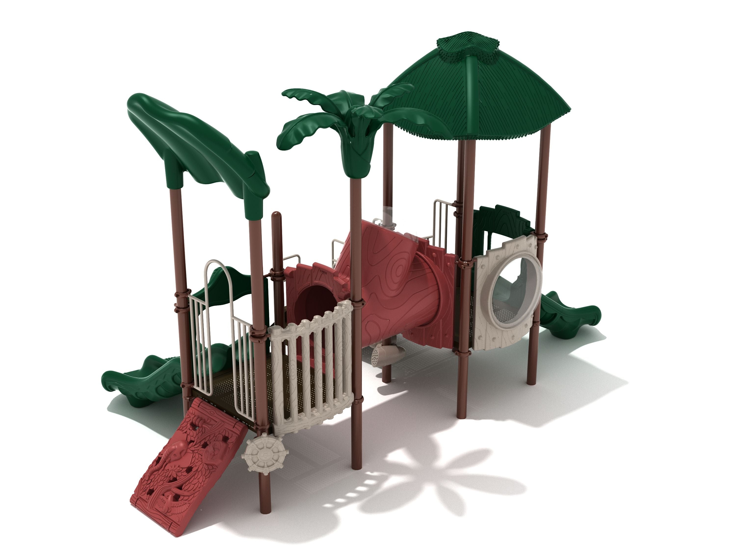 Jungle-themed playground with two elevated platforms, tube bridge with wood patterns, three slides, and 3D leaf and elephant climbing panel.