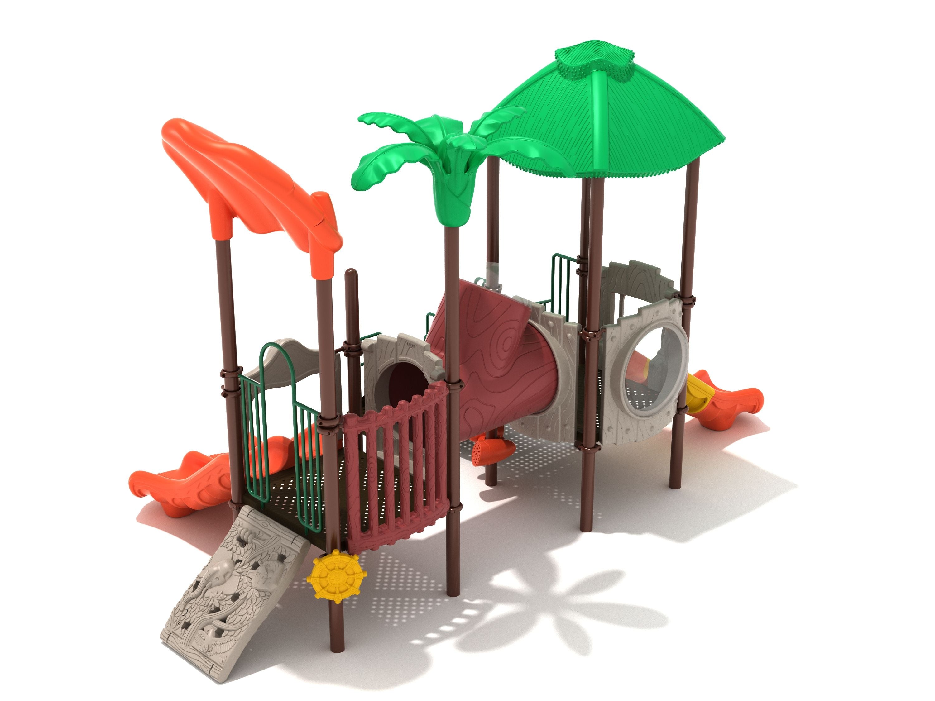 Continuous Canopy Playground with green palm canopy, tube bridge window, three slides including double, and jungle climber panel with leaf and elephant patterns