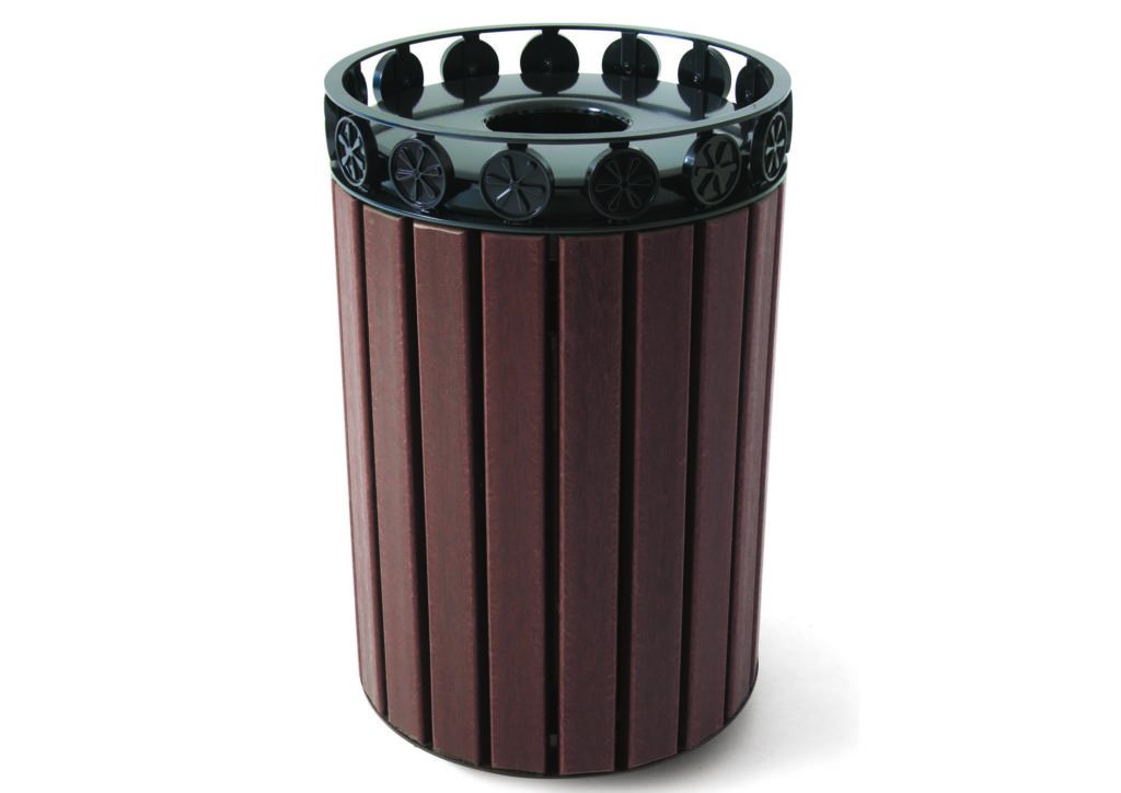 Cylindrical outdoor trash receptacle with vertical dark brown recycled plastic planks and black powder-coated decorative rosettes on top rim