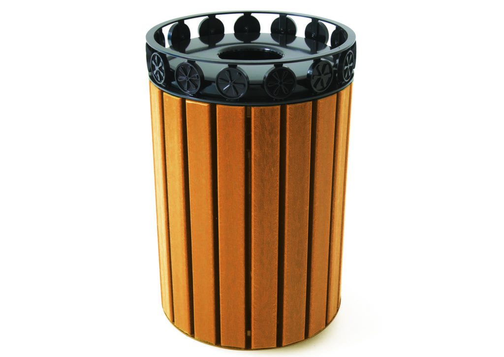 Outdoor trash receptacle with vertical recycled plastic planks and decorative powder-coated rosettes on black metal top.